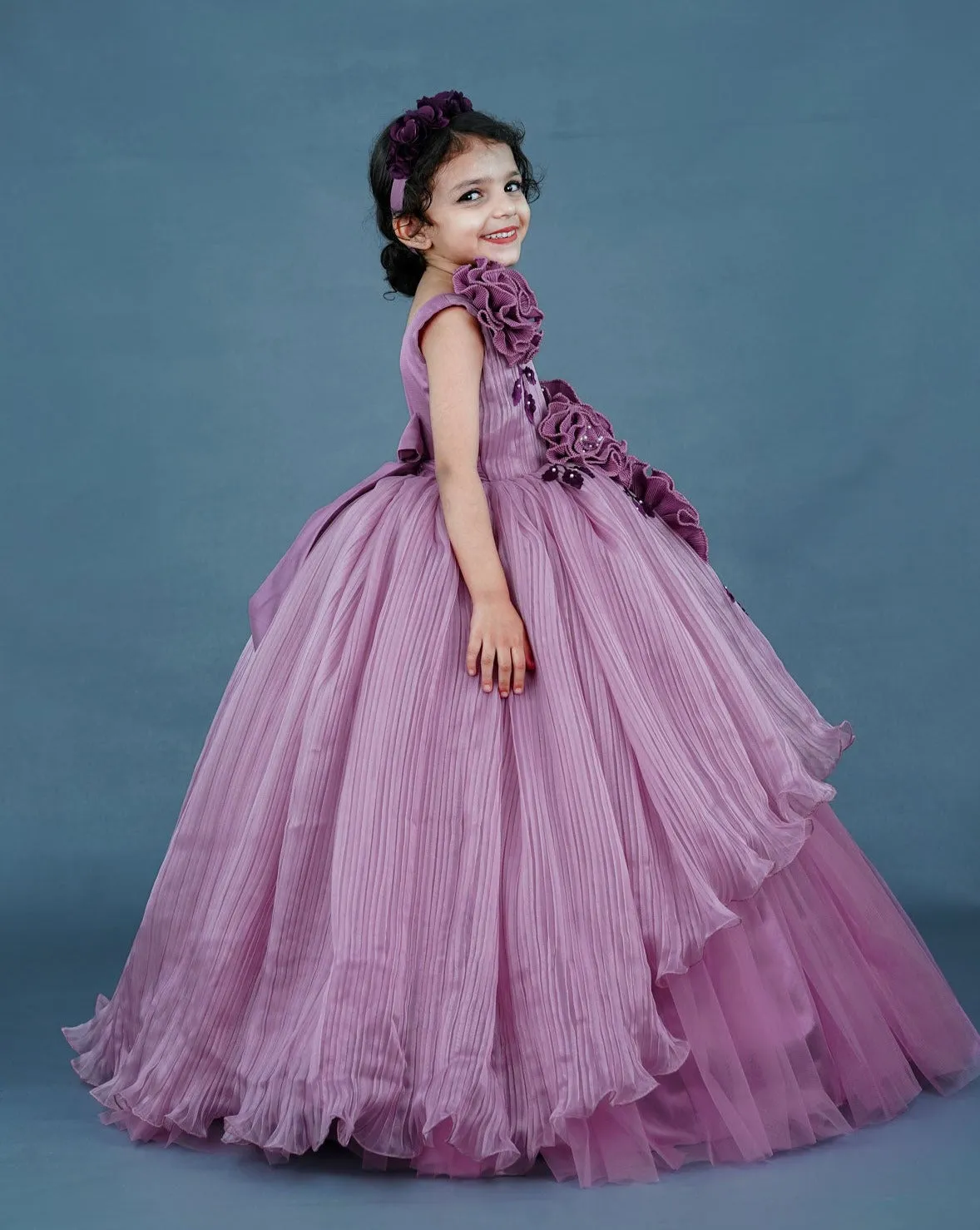 Lilac Pleated Texture Gown With Dusky Lavender Flowers Detailing