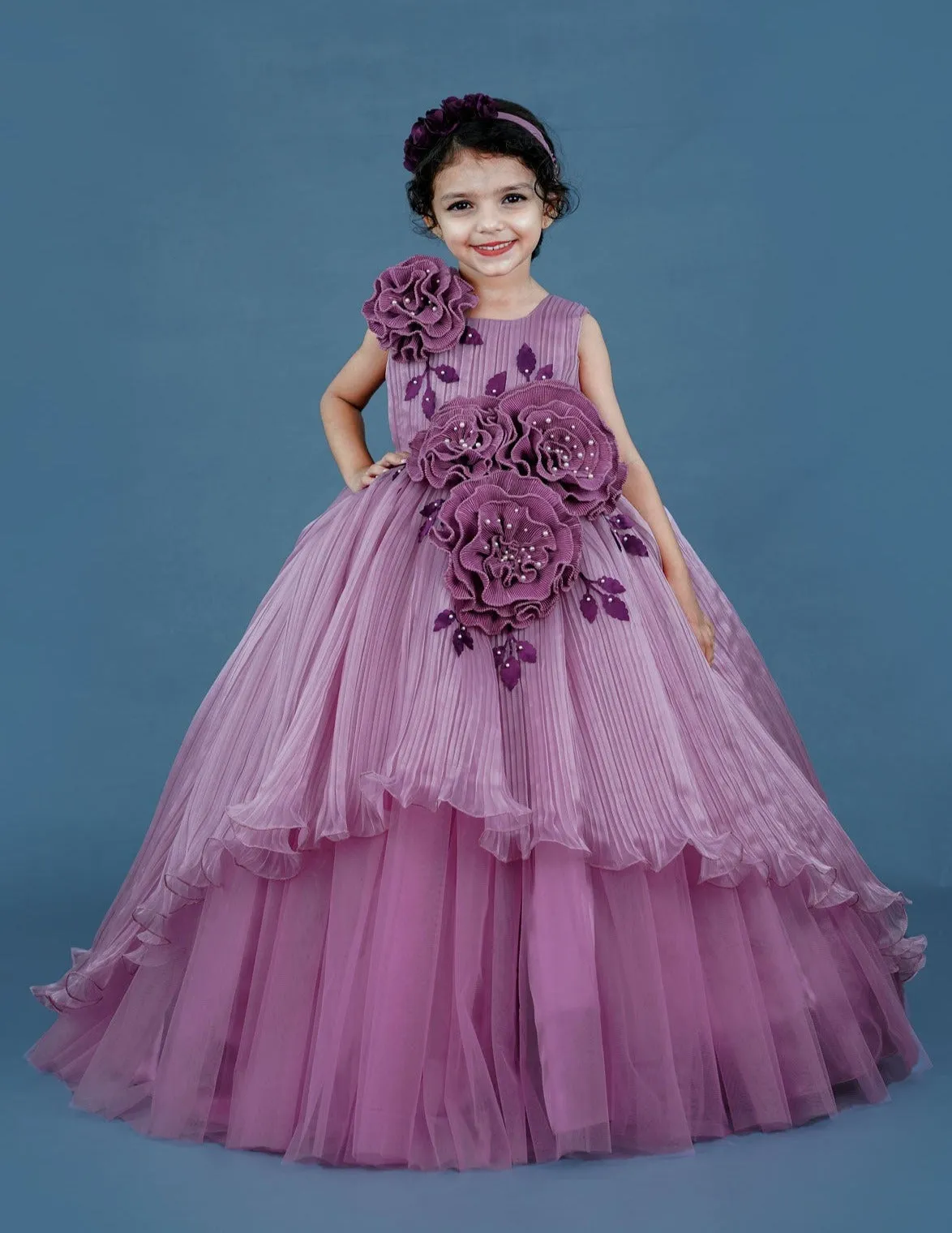 Lilac Pleated Texture Gown With Dusky Lavender Flowers Detailing