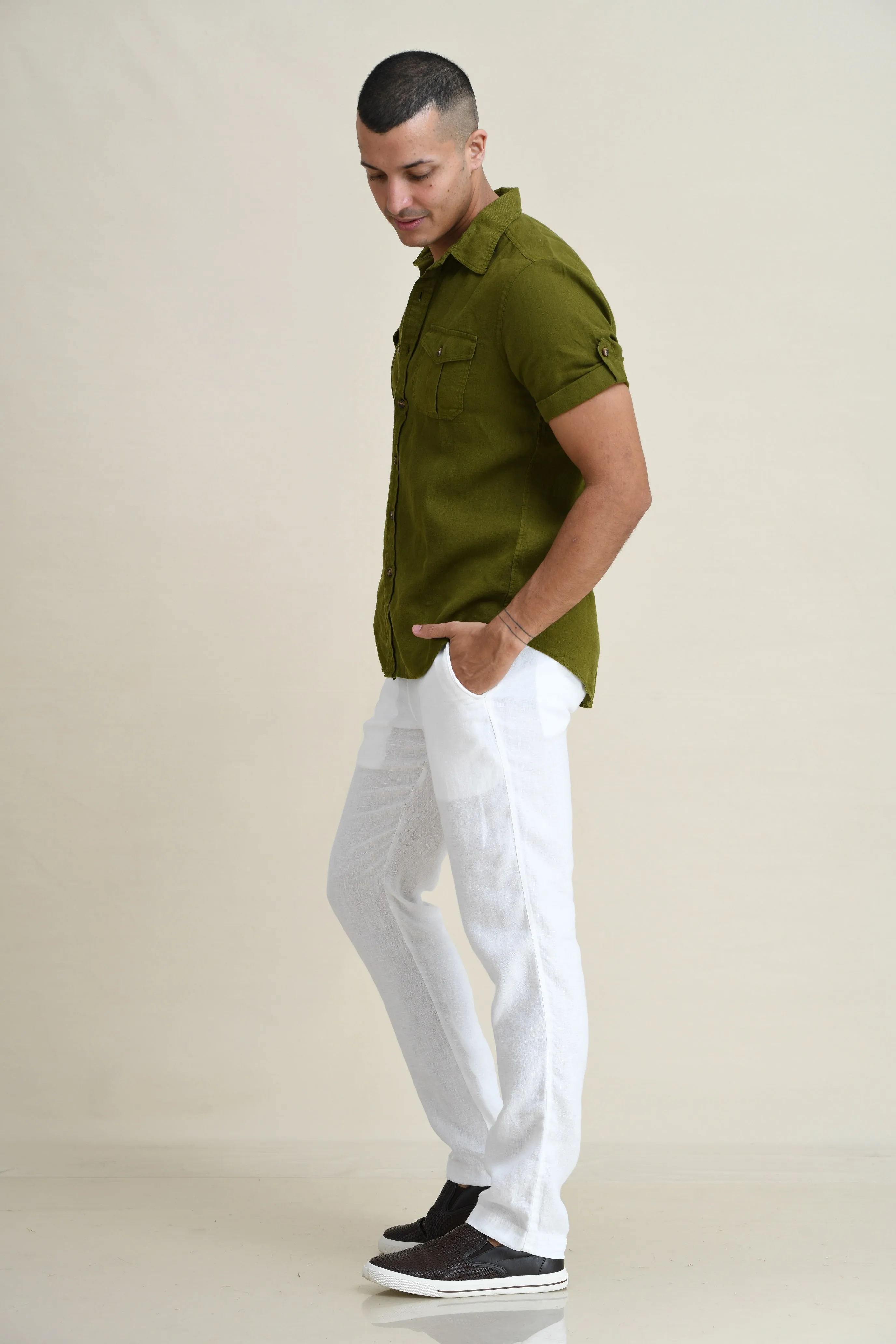 LINEN DUEL-POCKET ROLL-UP SHORT SLEEVED SHIRT