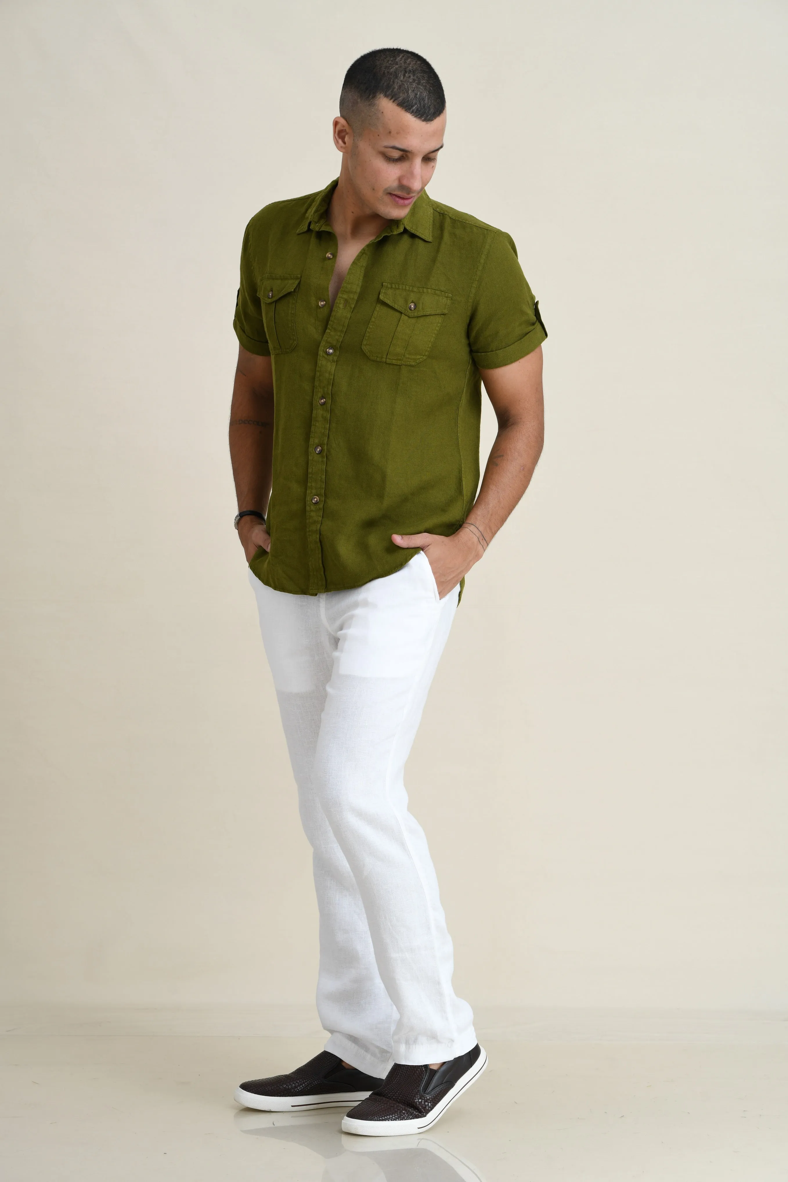 LINEN DUEL-POCKET ROLL-UP SHORT SLEEVED SHIRT