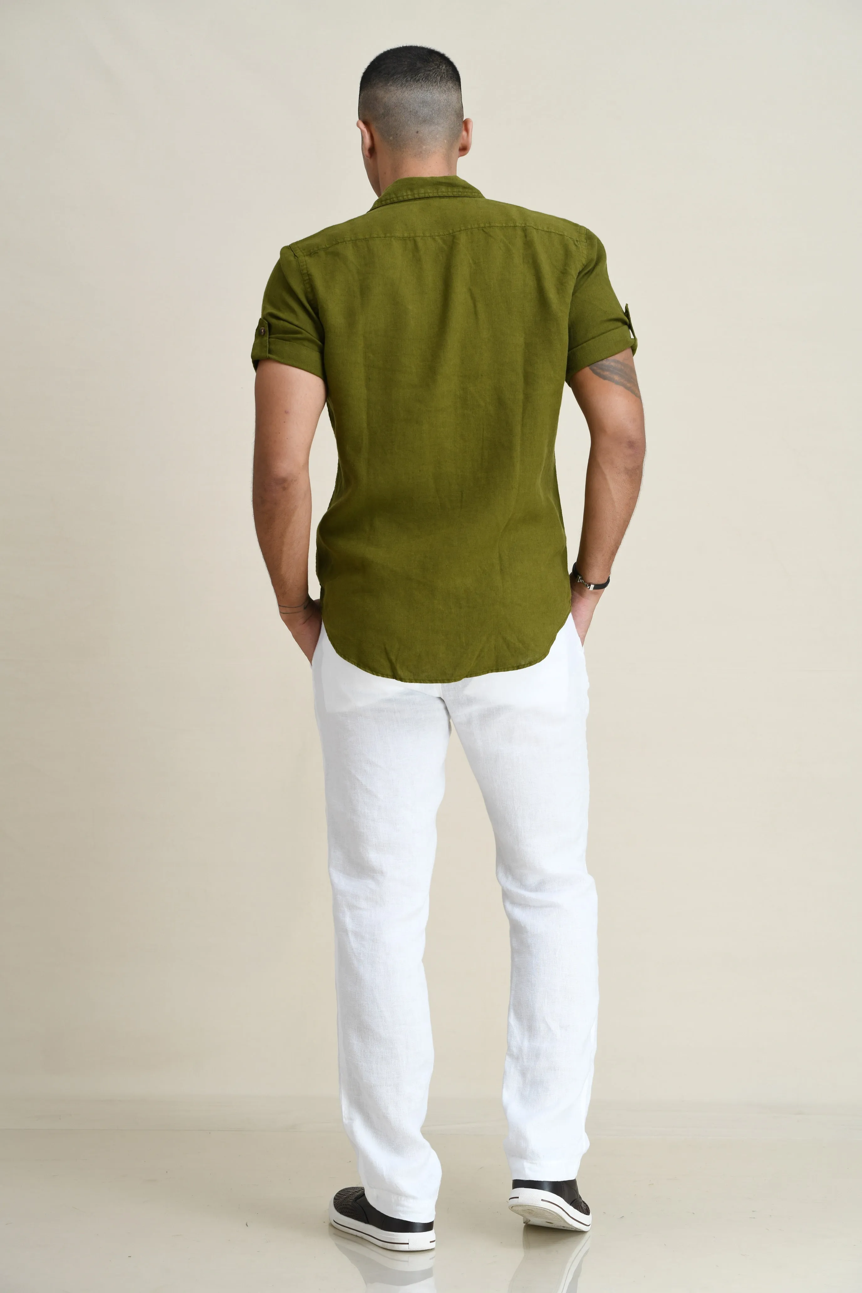 LINEN DUEL-POCKET ROLL-UP SHORT SLEEVED SHIRT