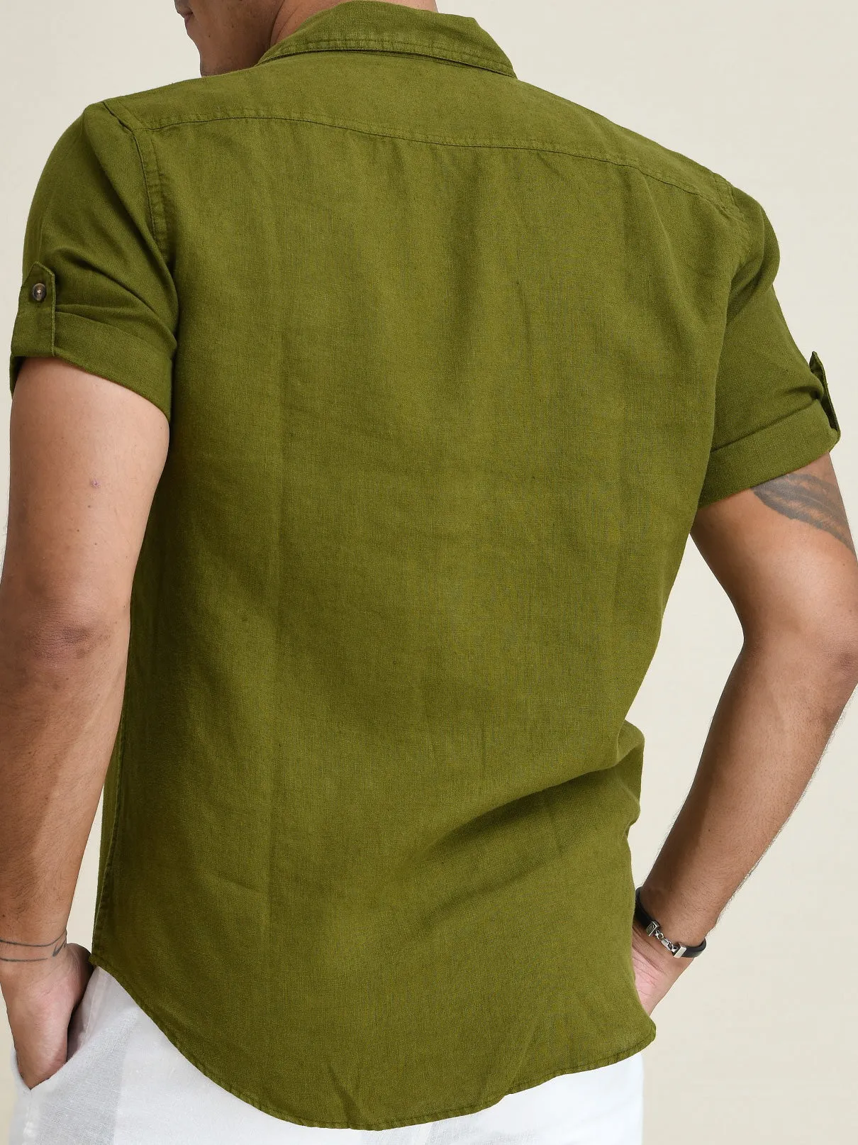 LINEN DUEL-POCKET ROLL-UP SHORT SLEEVED SHIRT