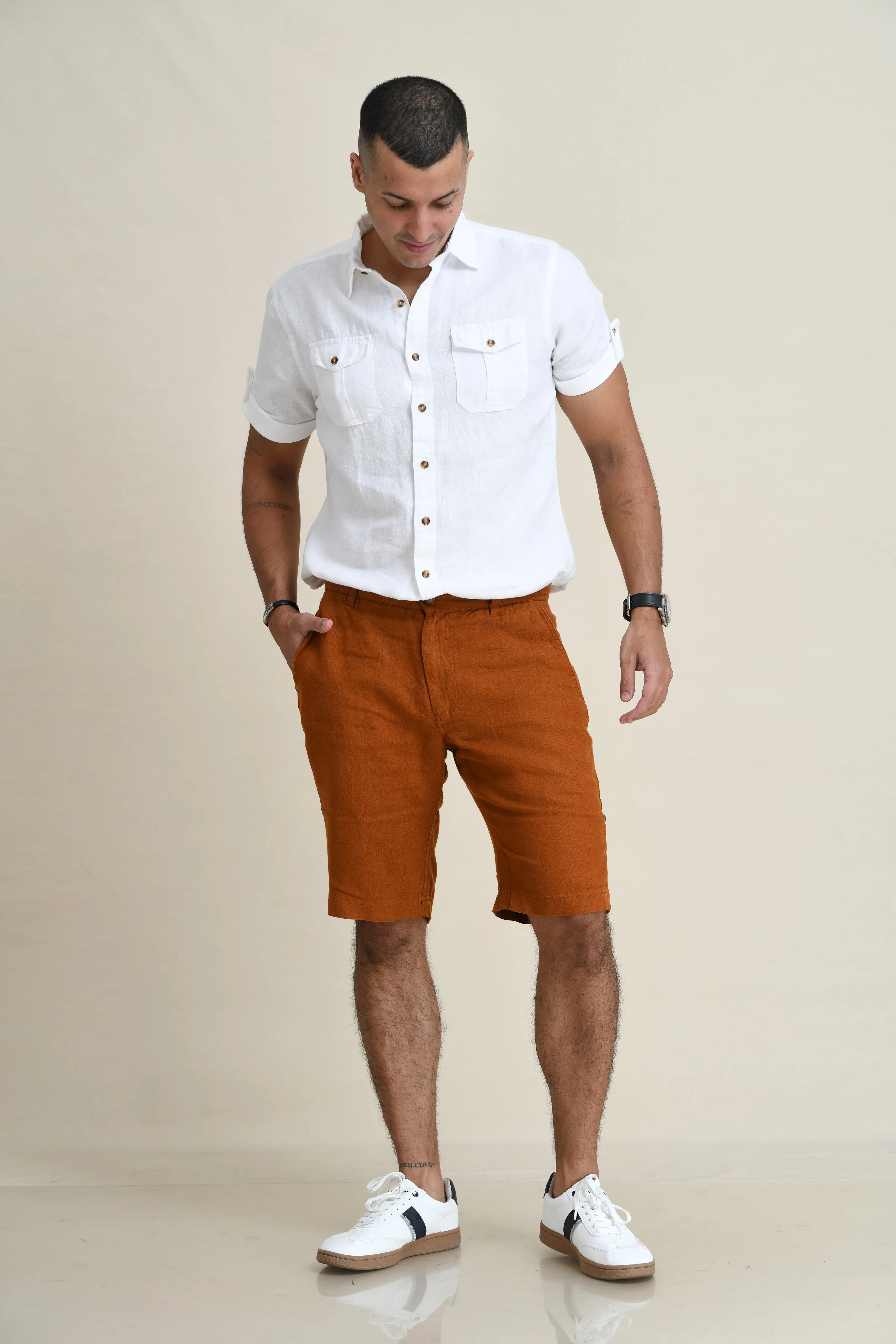 LINEN DUEL-POCKET ROLL-UP SHORT SLEEVED SHIRT