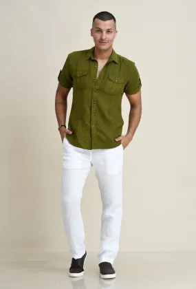 LINEN DUEL-POCKET ROLL-UP SHORT SLEEVED SHIRT