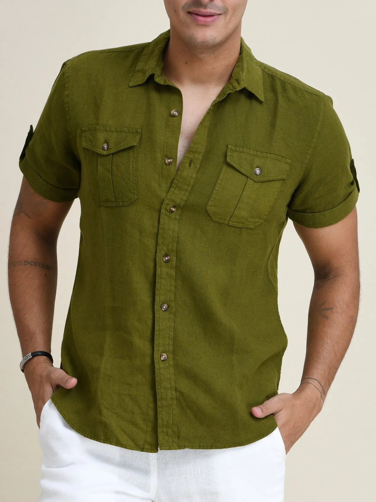 LINEN DUEL-POCKET ROLL-UP SHORT SLEEVED SHIRT