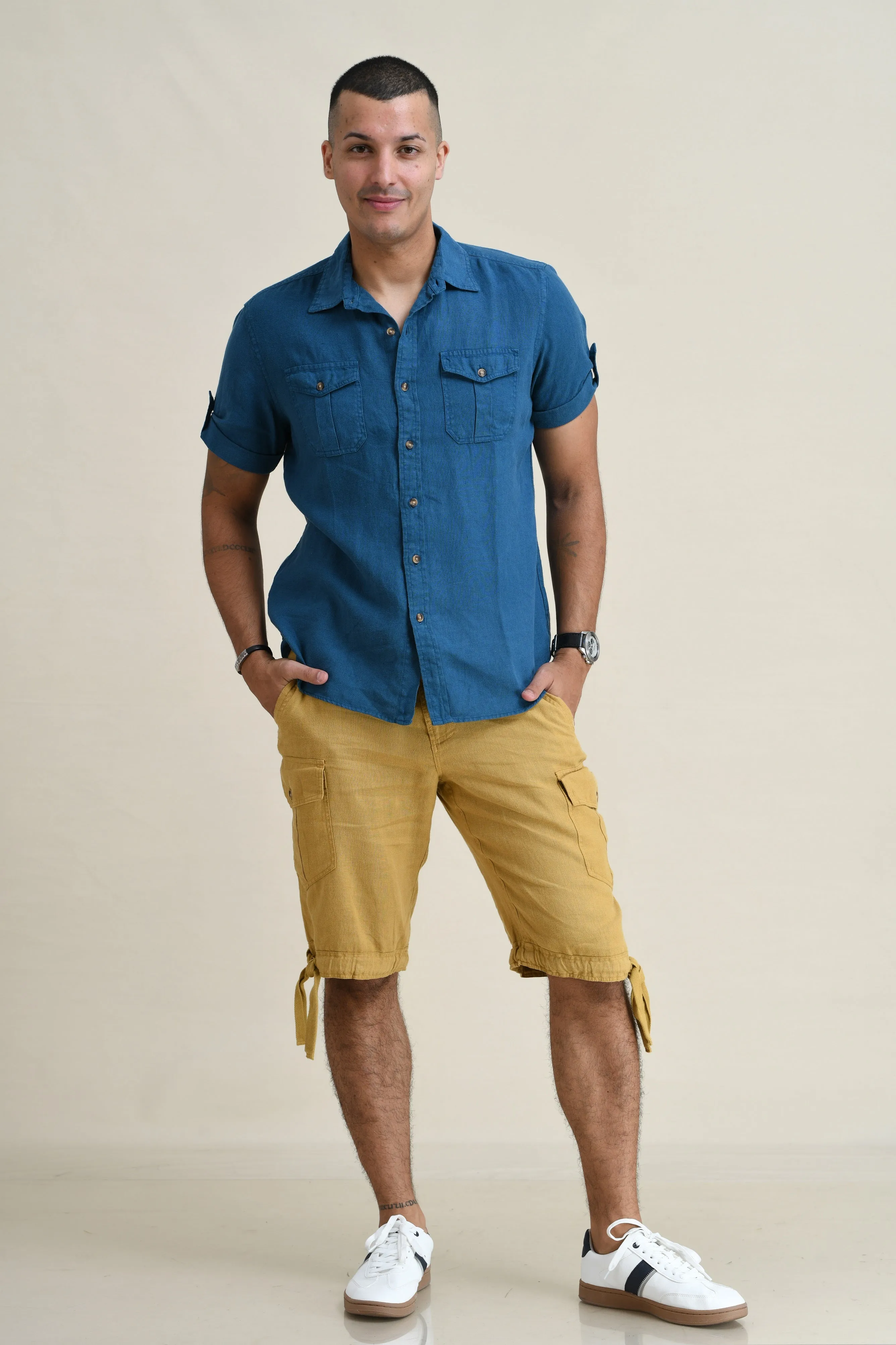 LINEN DUEL-POCKET ROLL-UP SHORT SLEEVED SHIRT