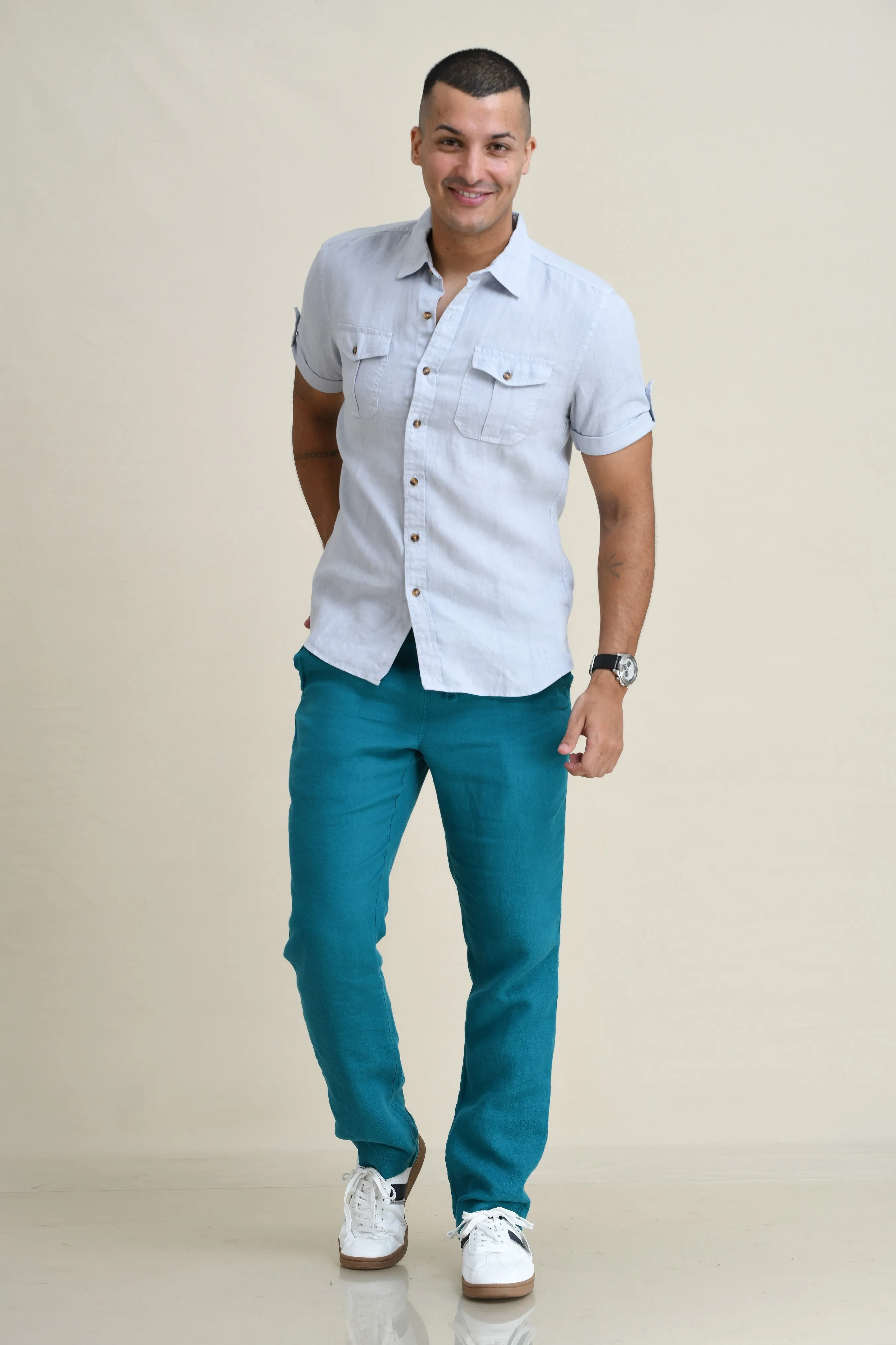 LINEN DUEL-POCKET ROLL-UP SHORT SLEEVED SHIRT