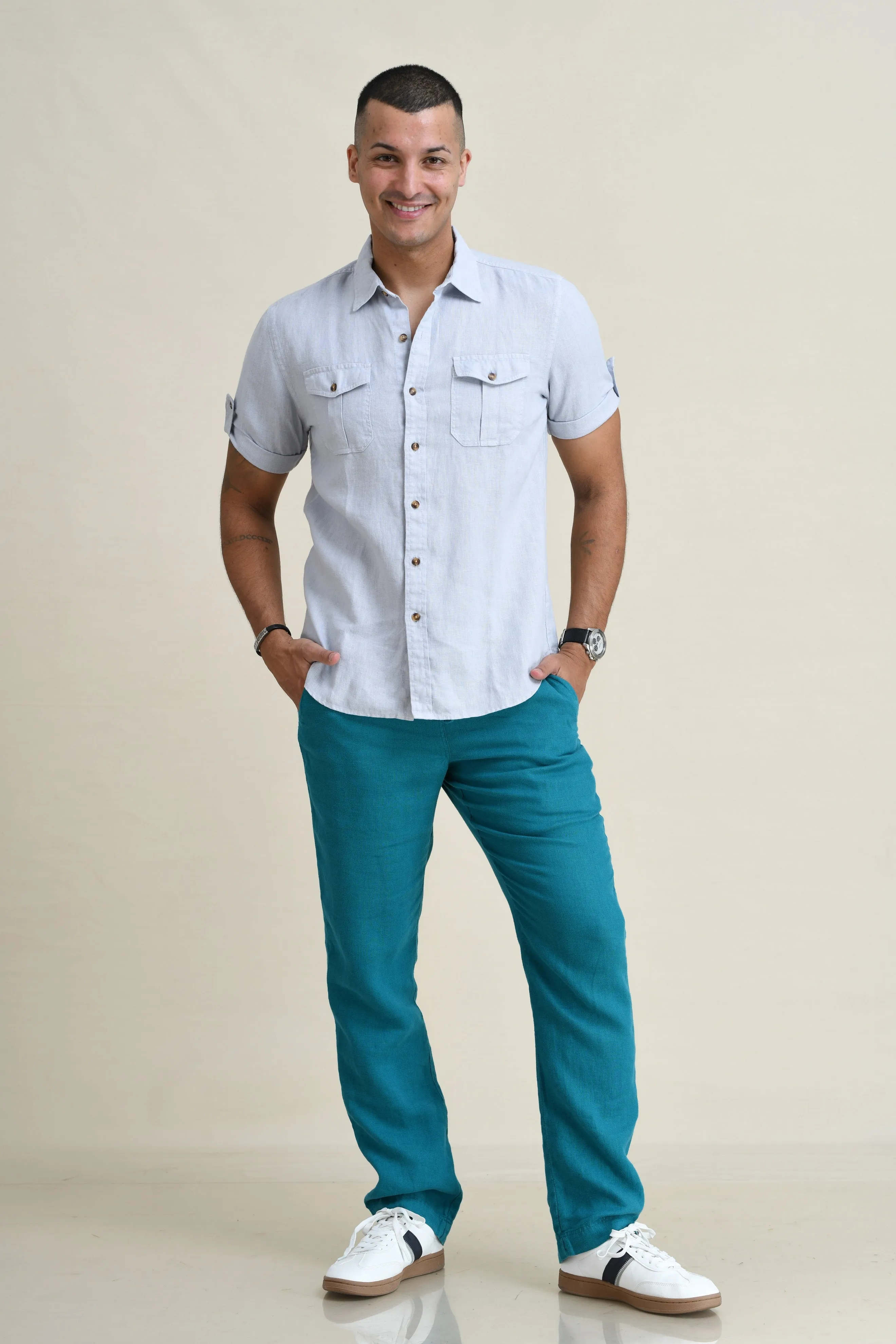 LINEN DUEL-POCKET ROLL-UP SHORT SLEEVED SHIRT