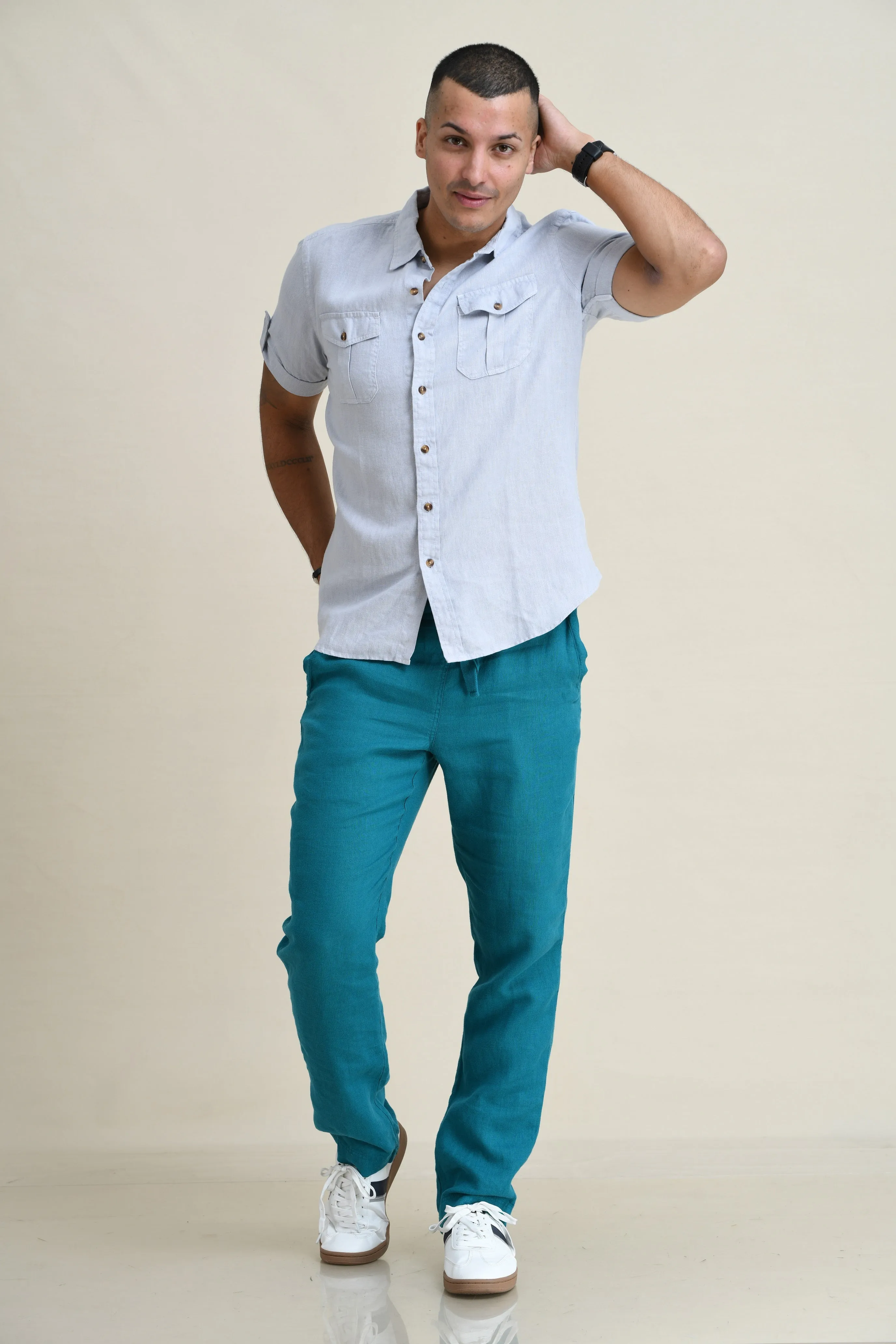 LINEN DUEL-POCKET ROLL-UP SHORT SLEEVED SHIRT
