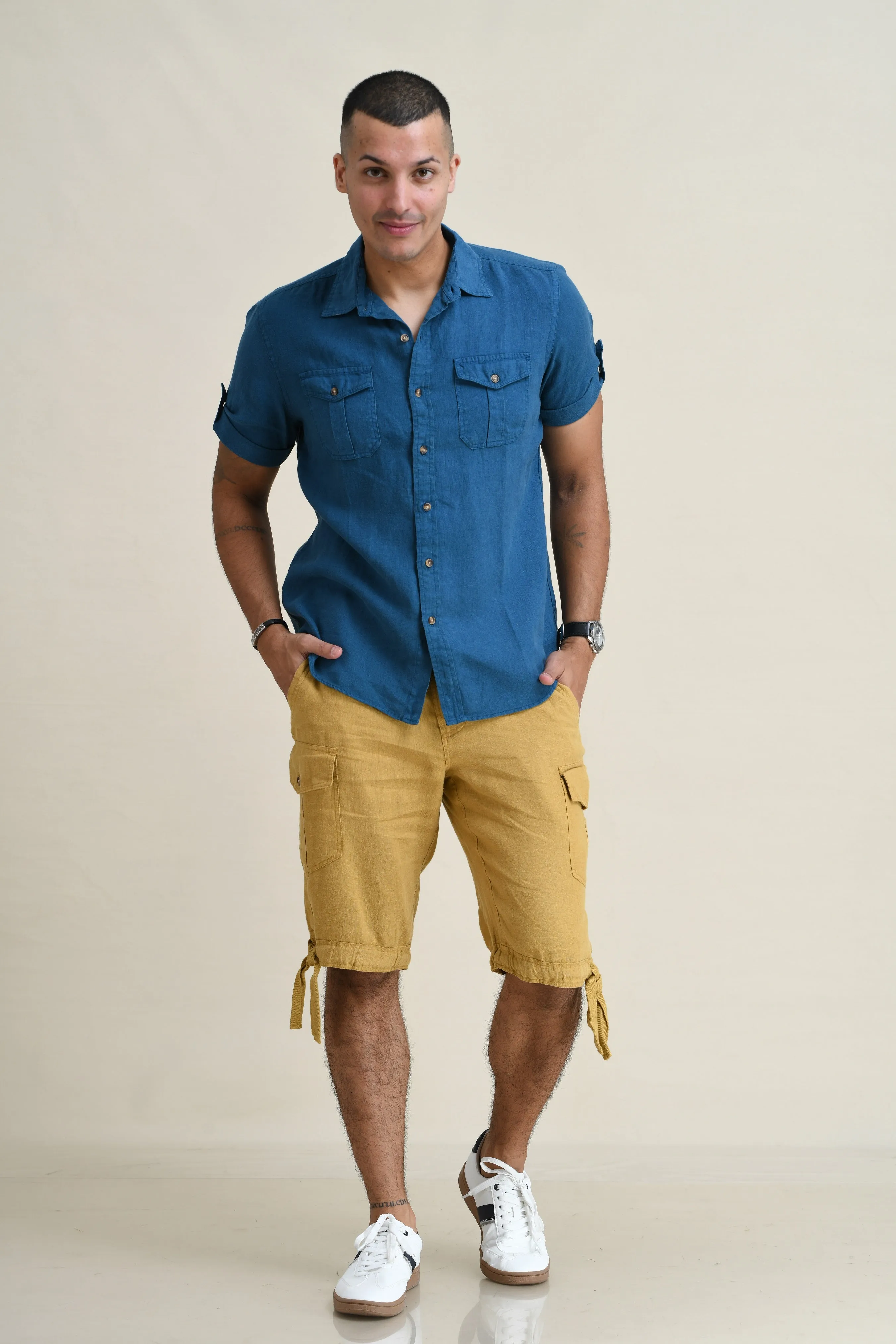 LINEN DUEL-POCKET ROLL-UP SHORT SLEEVED SHIRT