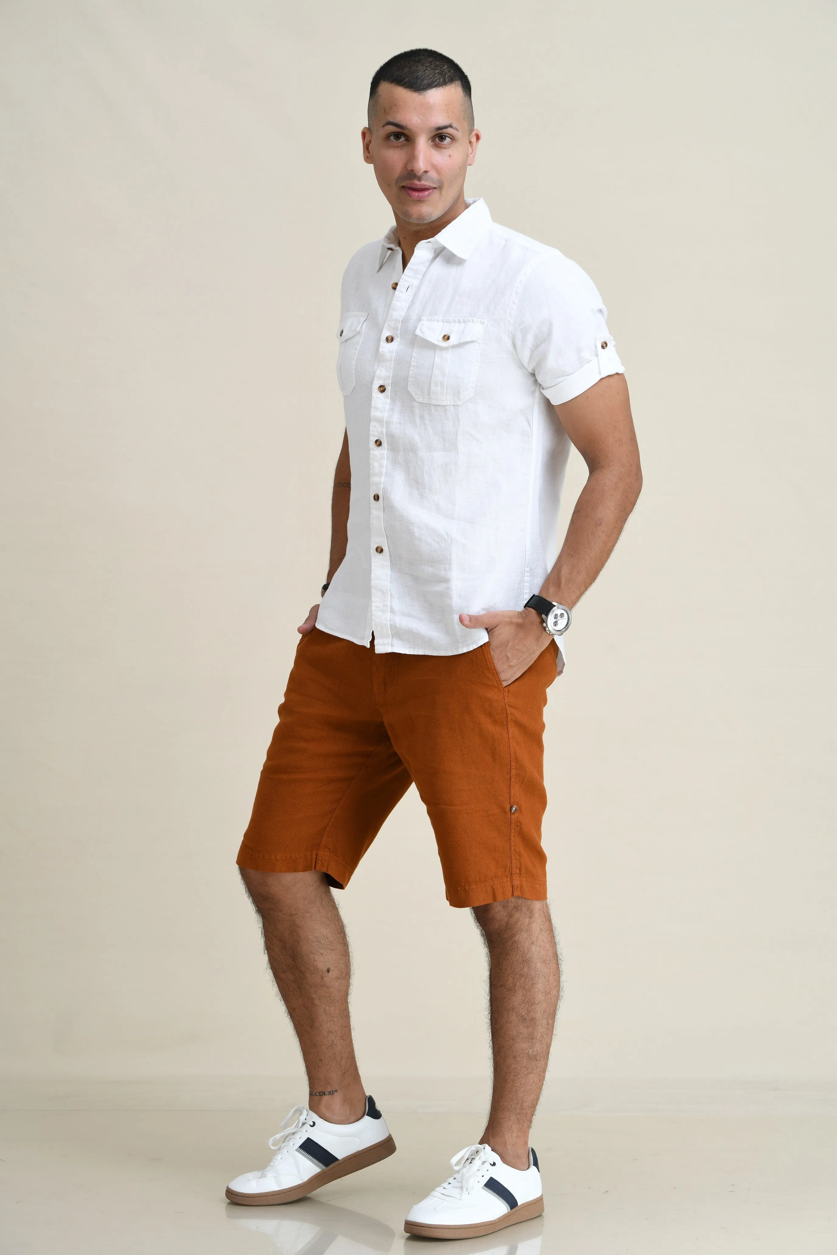 LINEN DUEL-POCKET ROLL-UP SHORT SLEEVED SHIRT