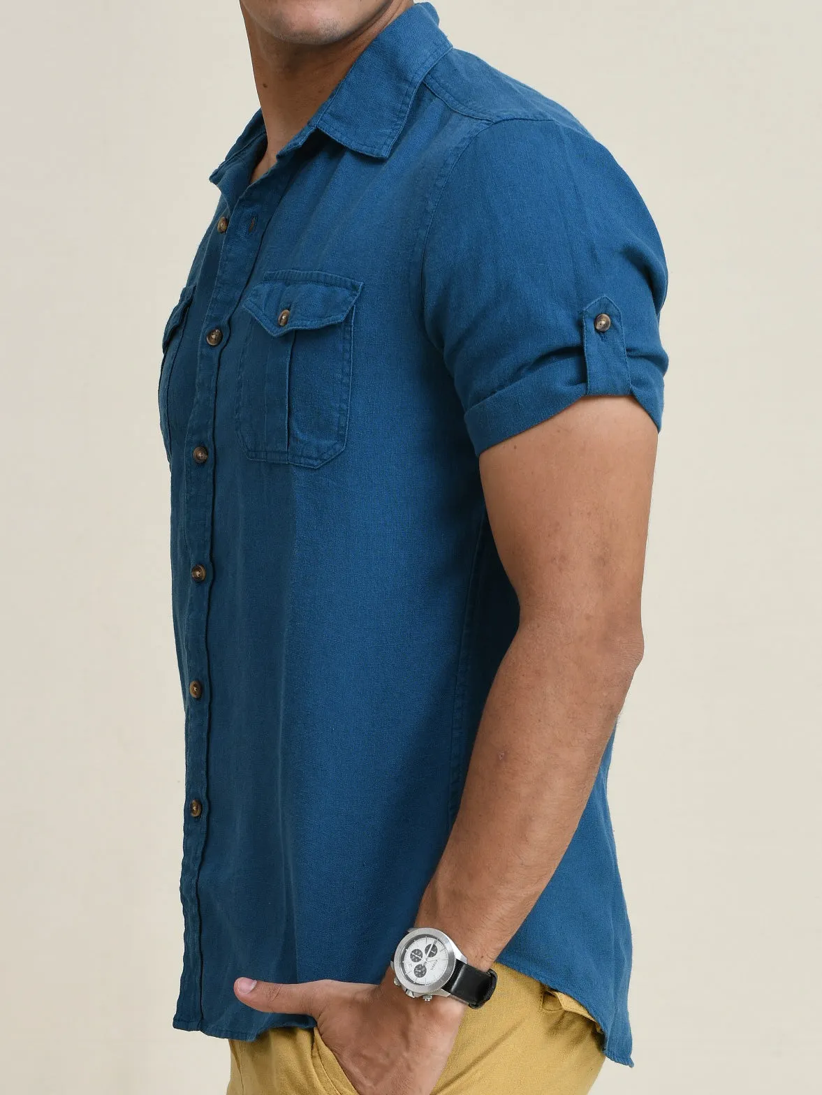 LINEN DUEL-POCKET ROLL-UP SHORT SLEEVED SHIRT