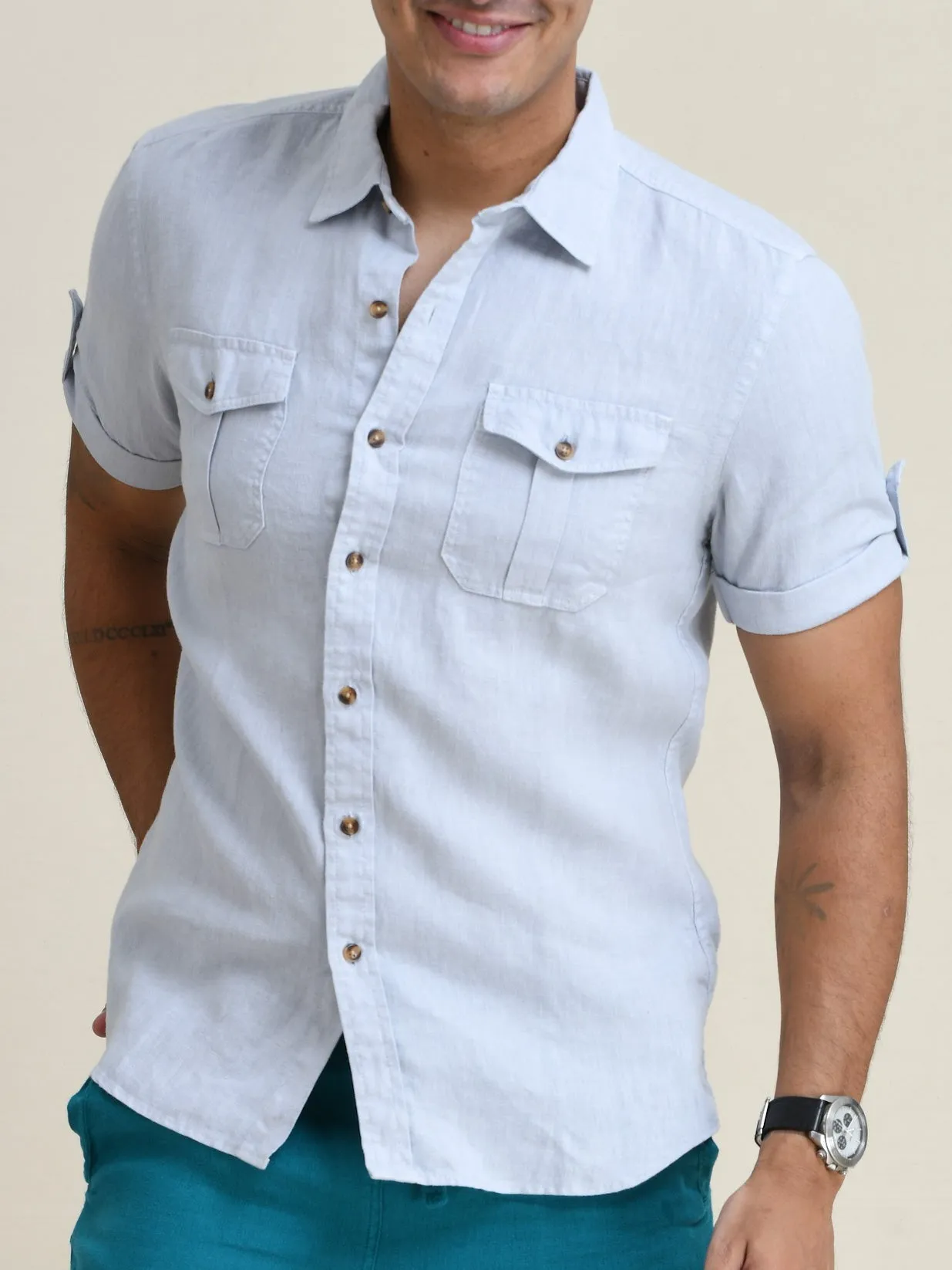 LINEN DUEL-POCKET ROLL-UP SHORT SLEEVED SHIRT