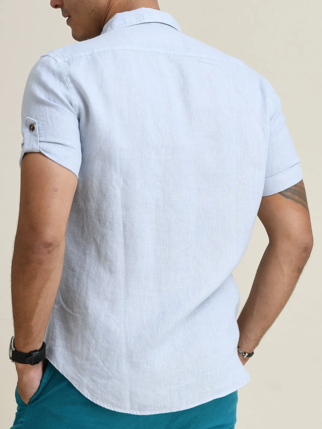 LINEN DUEL-POCKET ROLL-UP SHORT SLEEVED SHIRT