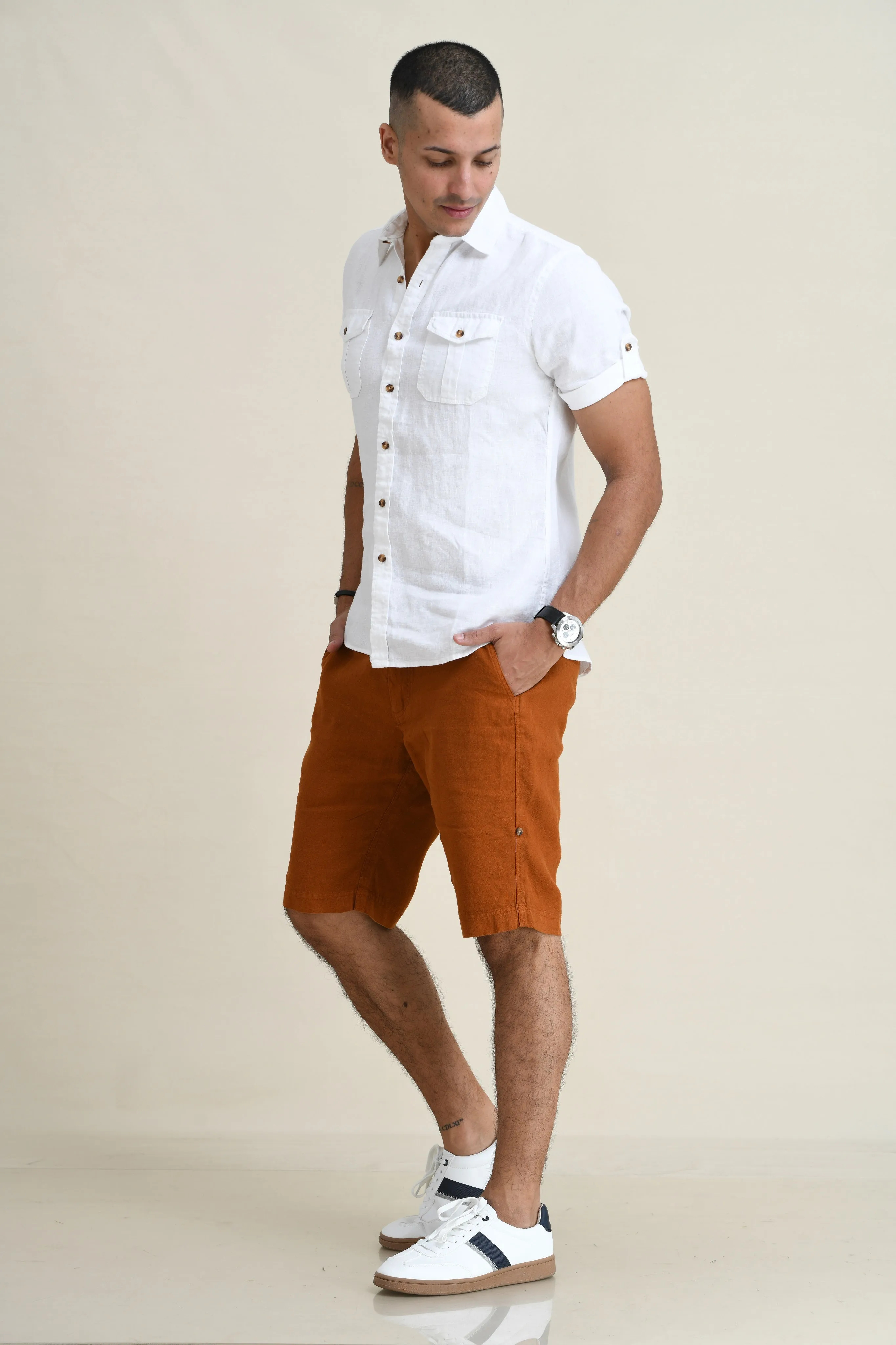LINEN DUEL-POCKET ROLL-UP SHORT SLEEVED SHIRT