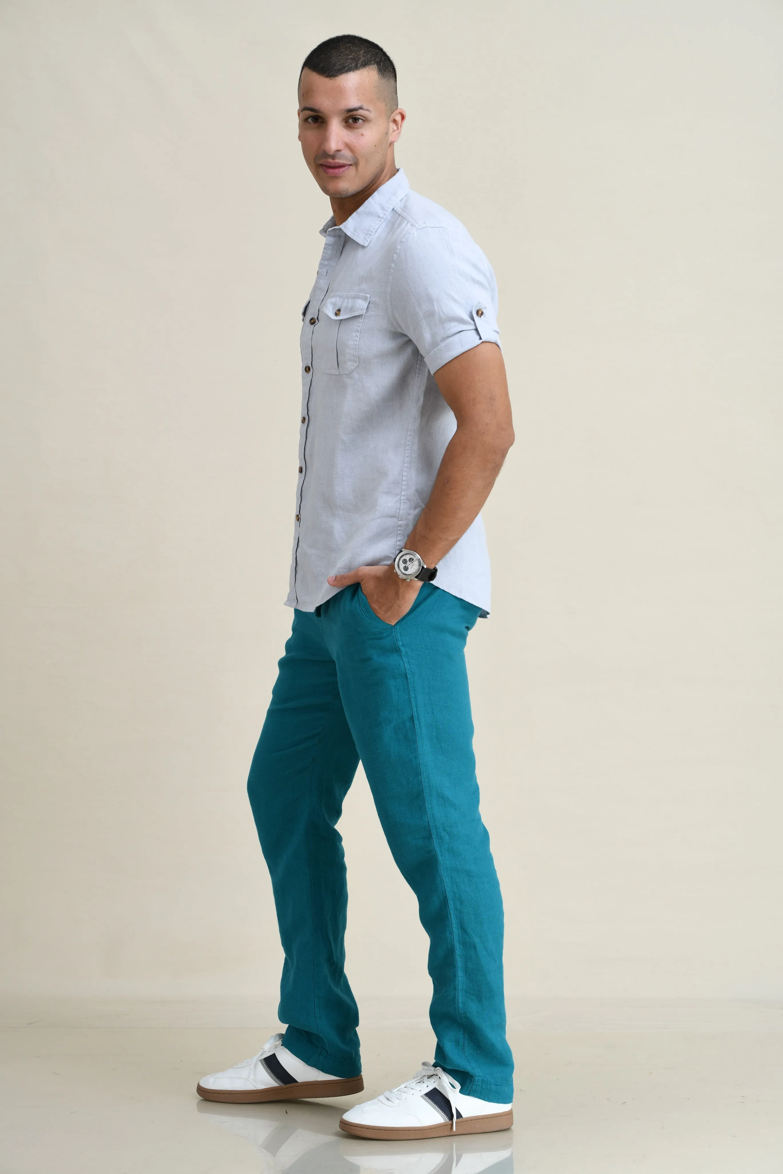 LINEN DUEL-POCKET ROLL-UP SHORT SLEEVED SHIRT