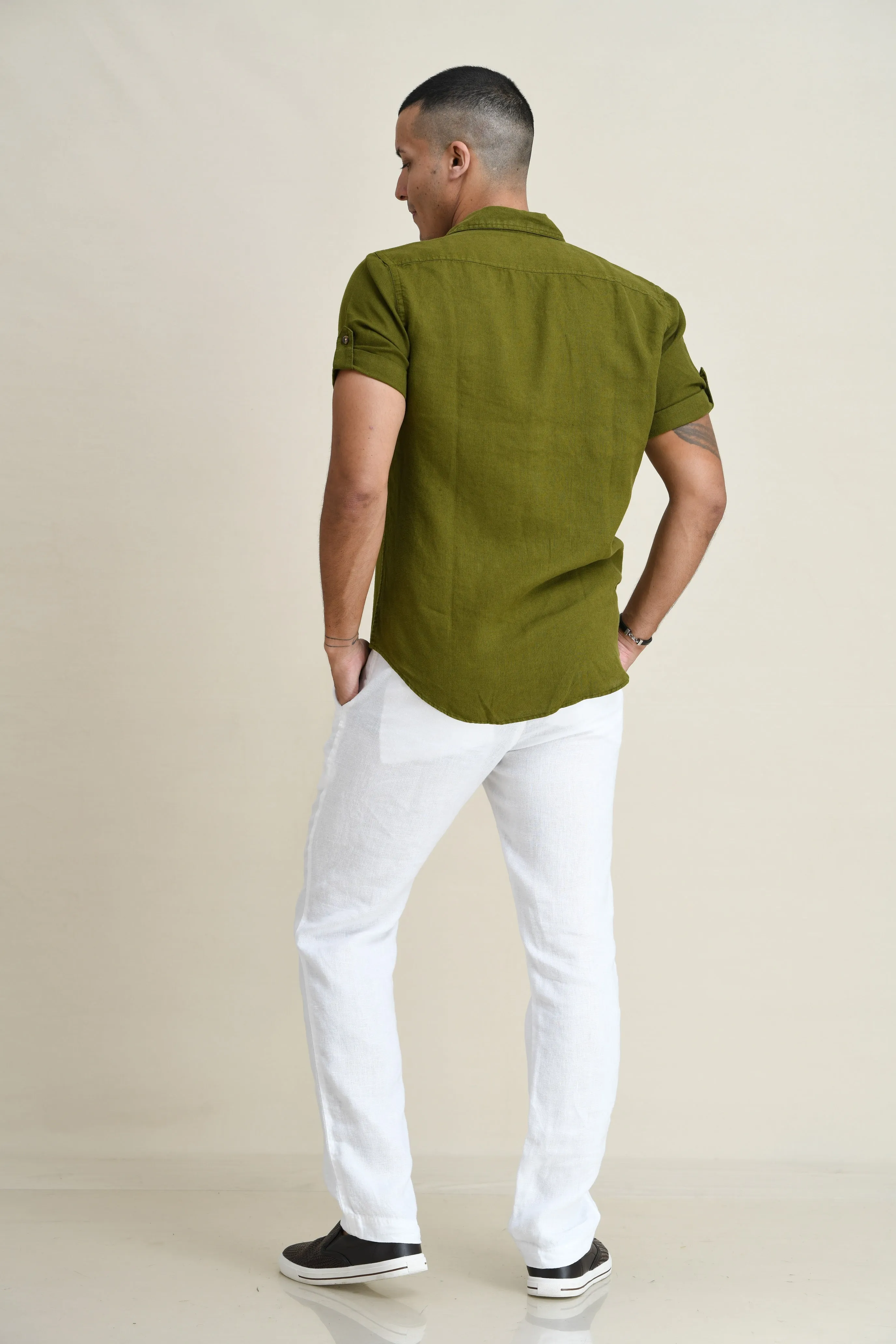 LINEN DUEL-POCKET ROLL-UP SHORT SLEEVED SHIRT