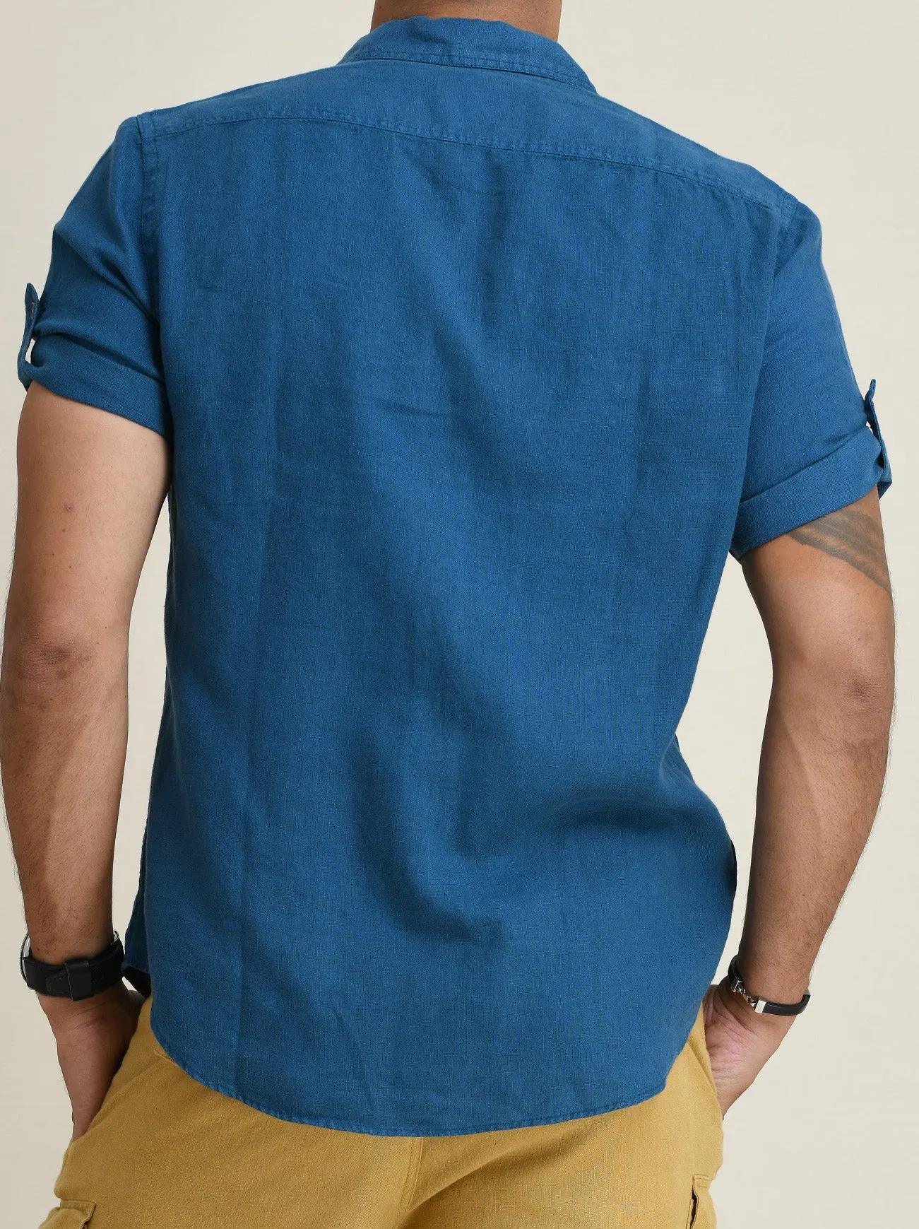 LINEN DUEL-POCKET ROLL-UP SHORT SLEEVED SHIRT