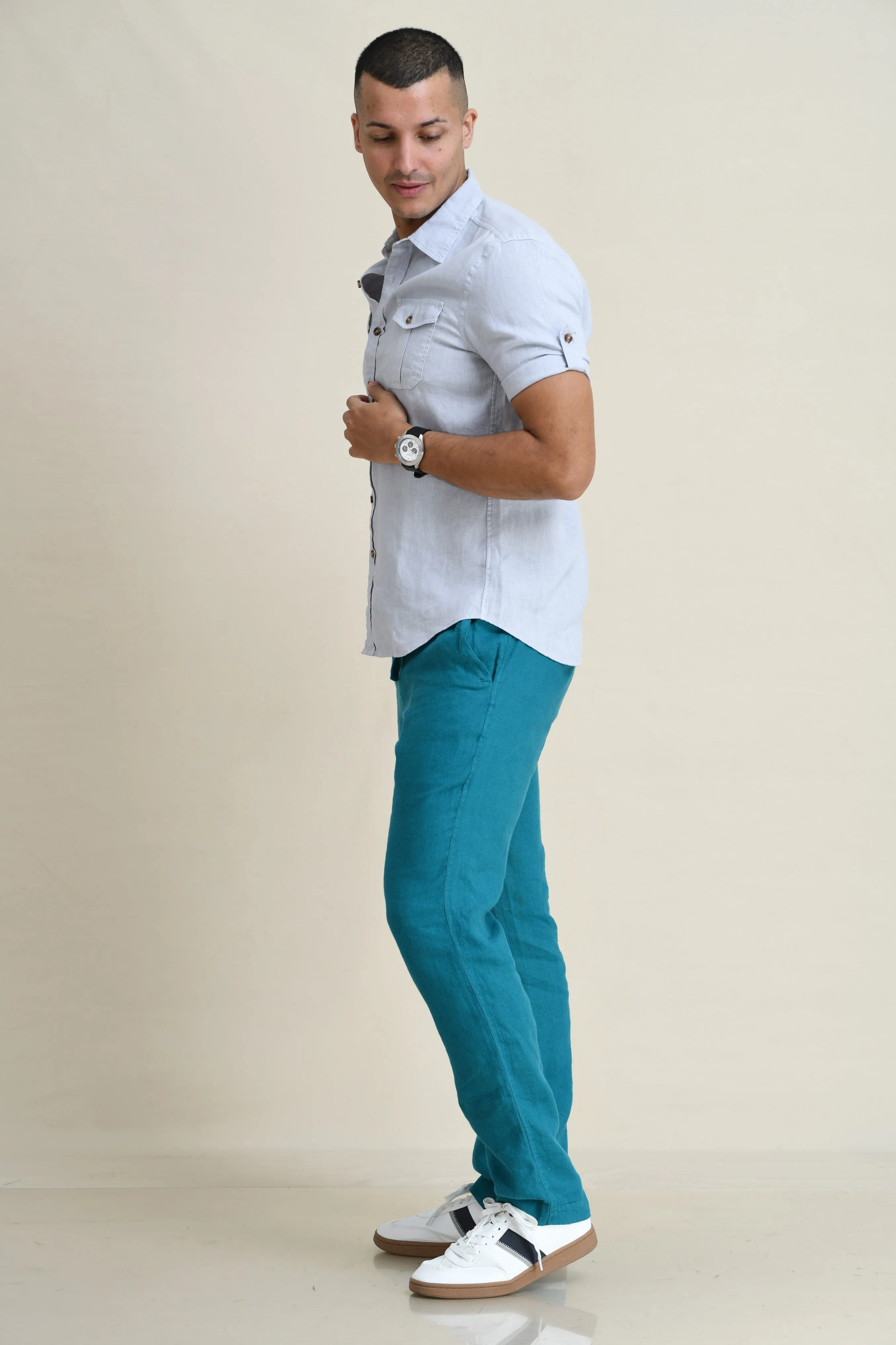 LINEN DUEL-POCKET ROLL-UP SHORT SLEEVED SHIRT