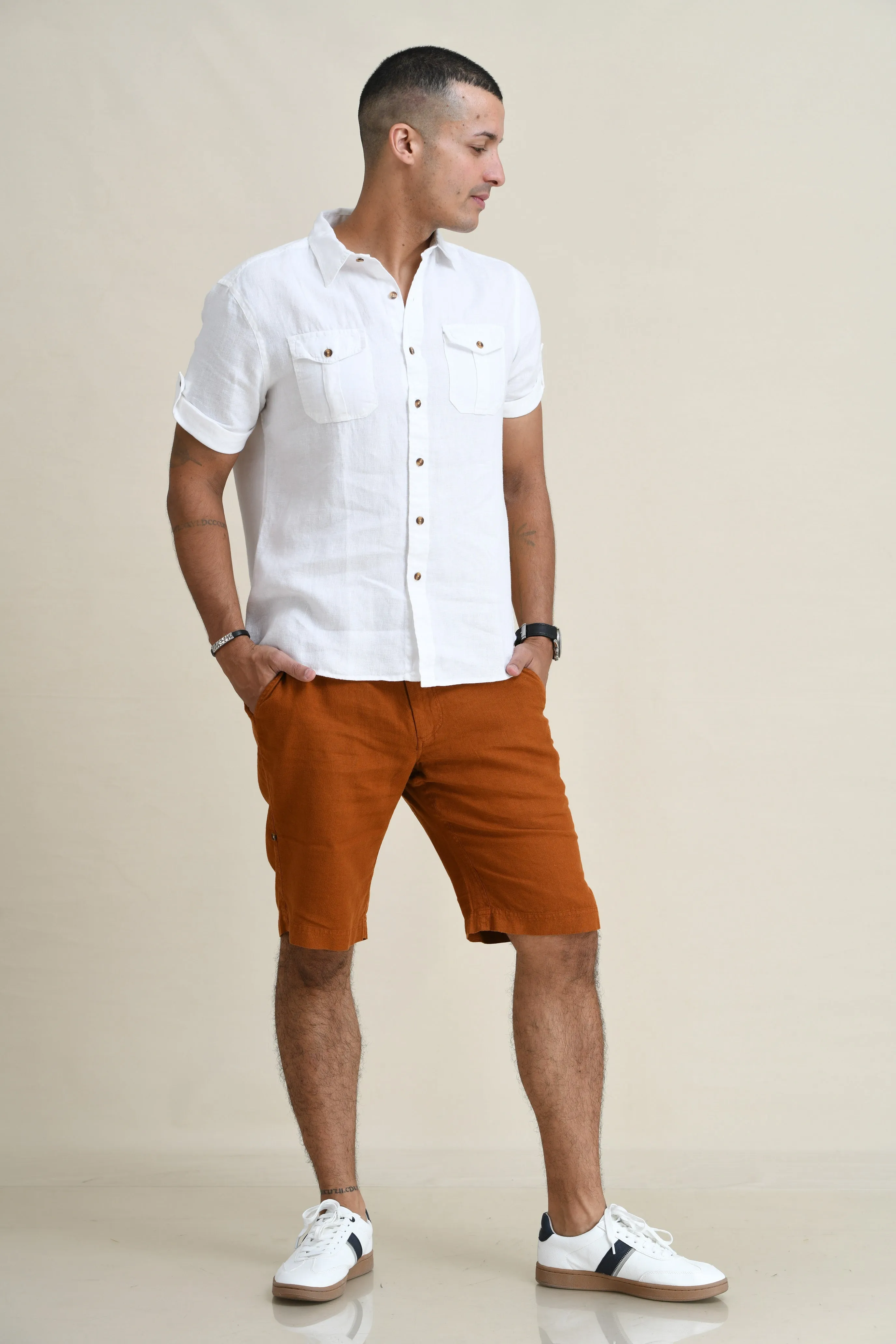 LINEN DUEL-POCKET ROLL-UP SHORT SLEEVED SHIRT