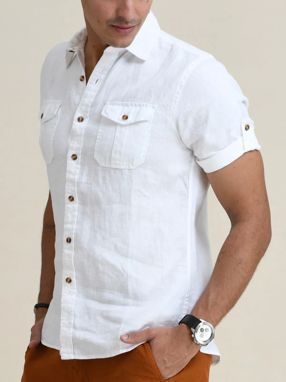 LINEN DUEL-POCKET ROLL-UP SHORT SLEEVED SHIRT