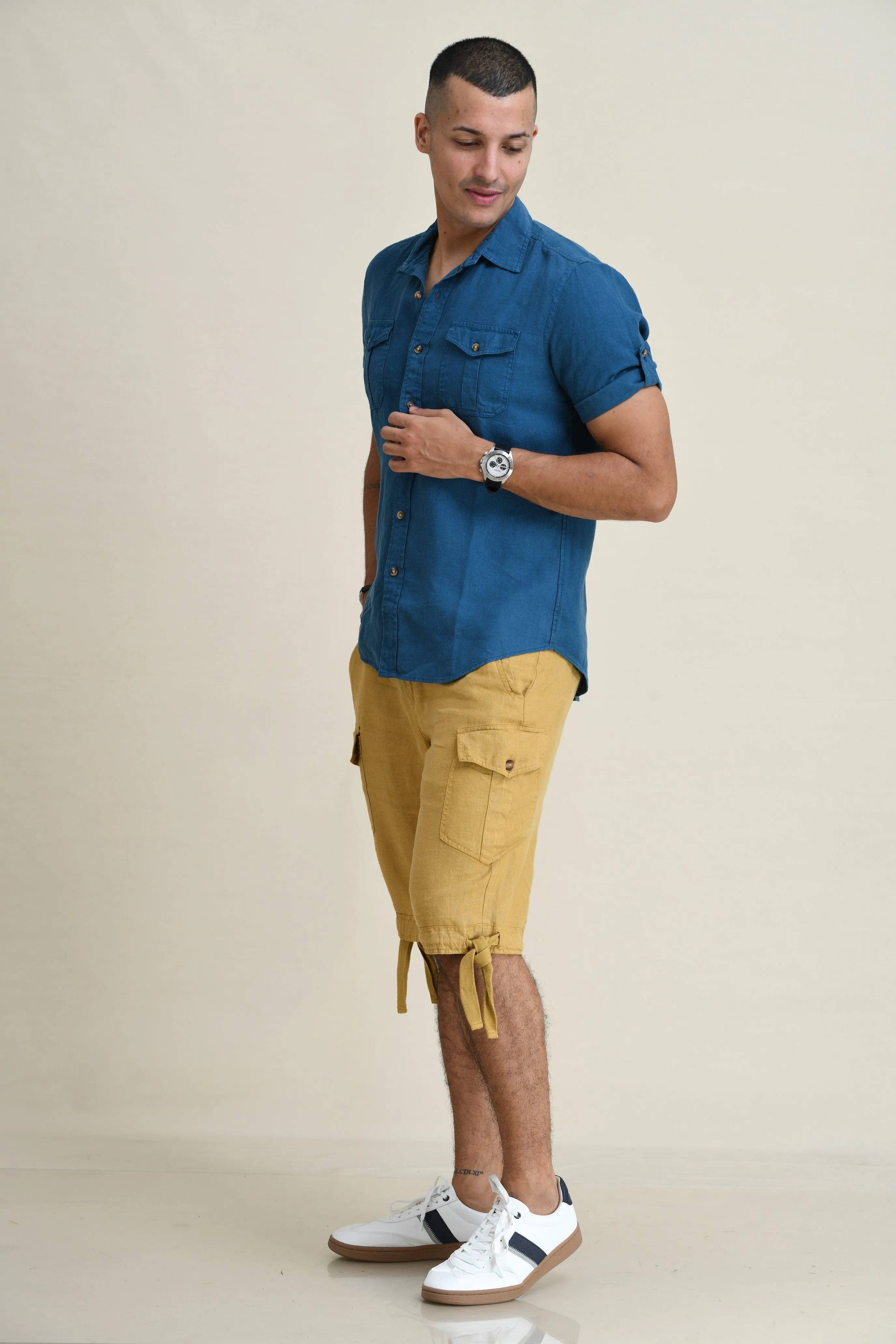 LINEN DUEL-POCKET ROLL-UP SHORT SLEEVED SHIRT