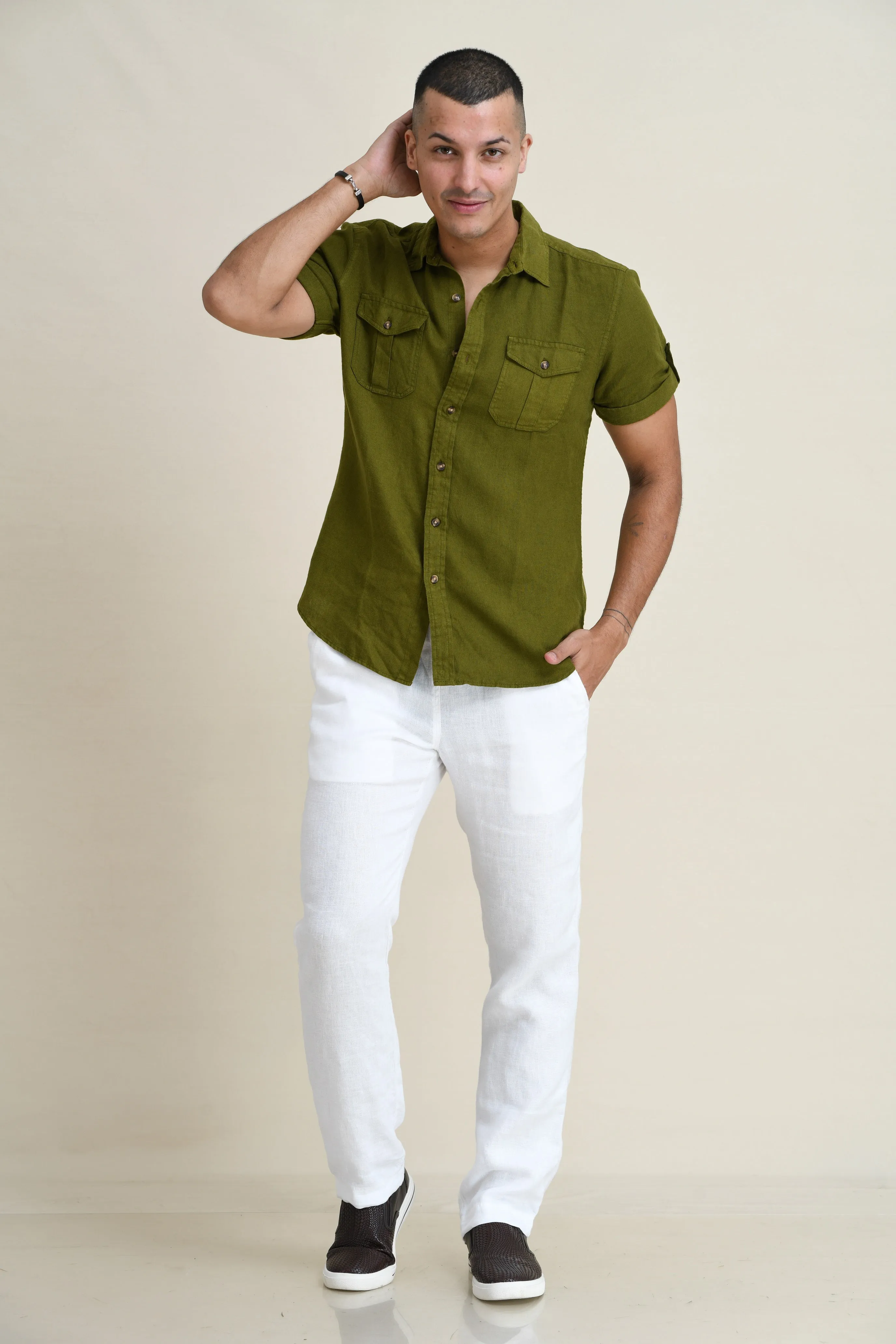 LINEN DUEL-POCKET ROLL-UP SHORT SLEEVED SHIRT