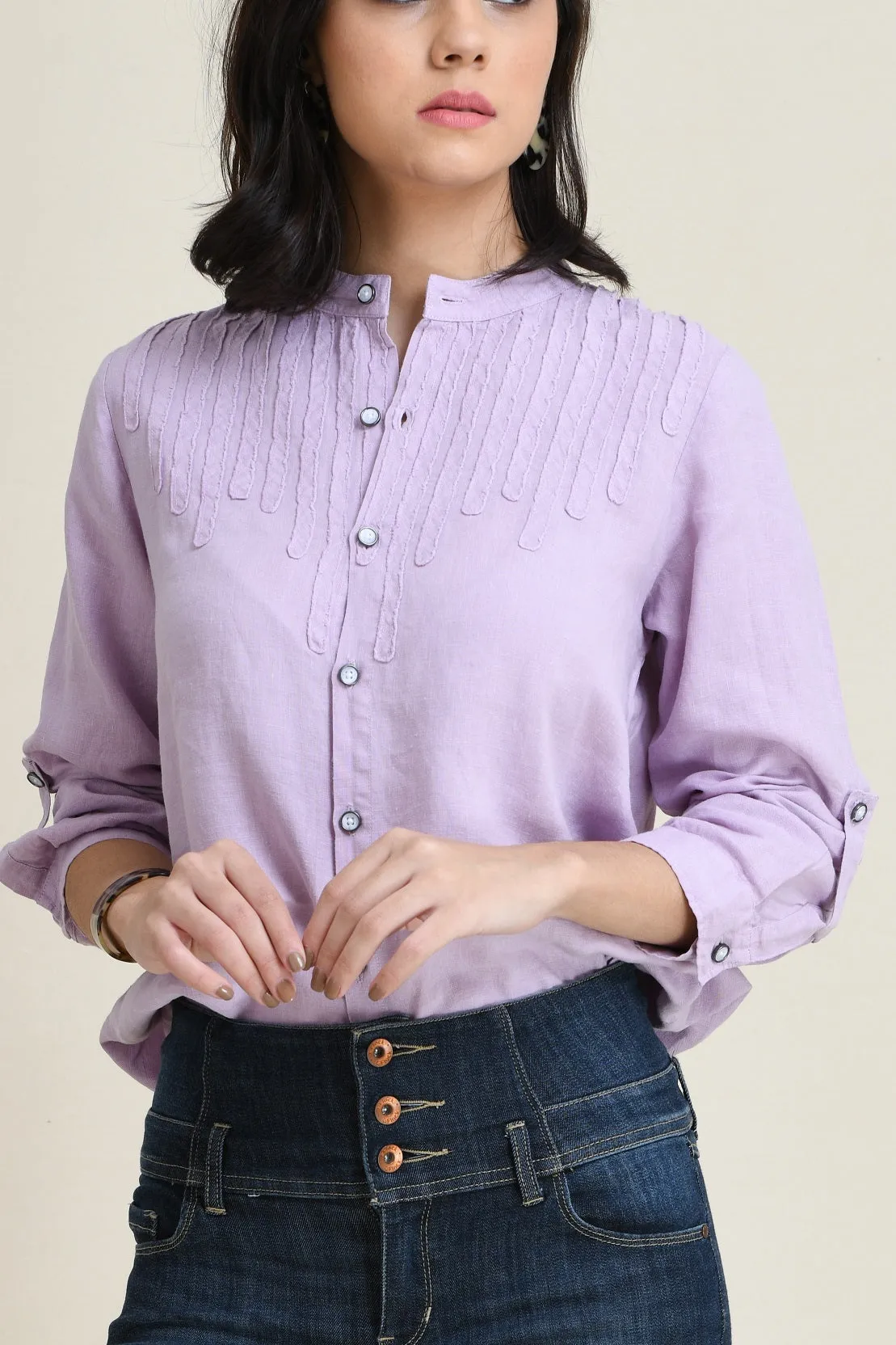 LINEN TIE-FRONT SHIRT WITH DECORATIVE SELF-FABRIC LACE DETAIL