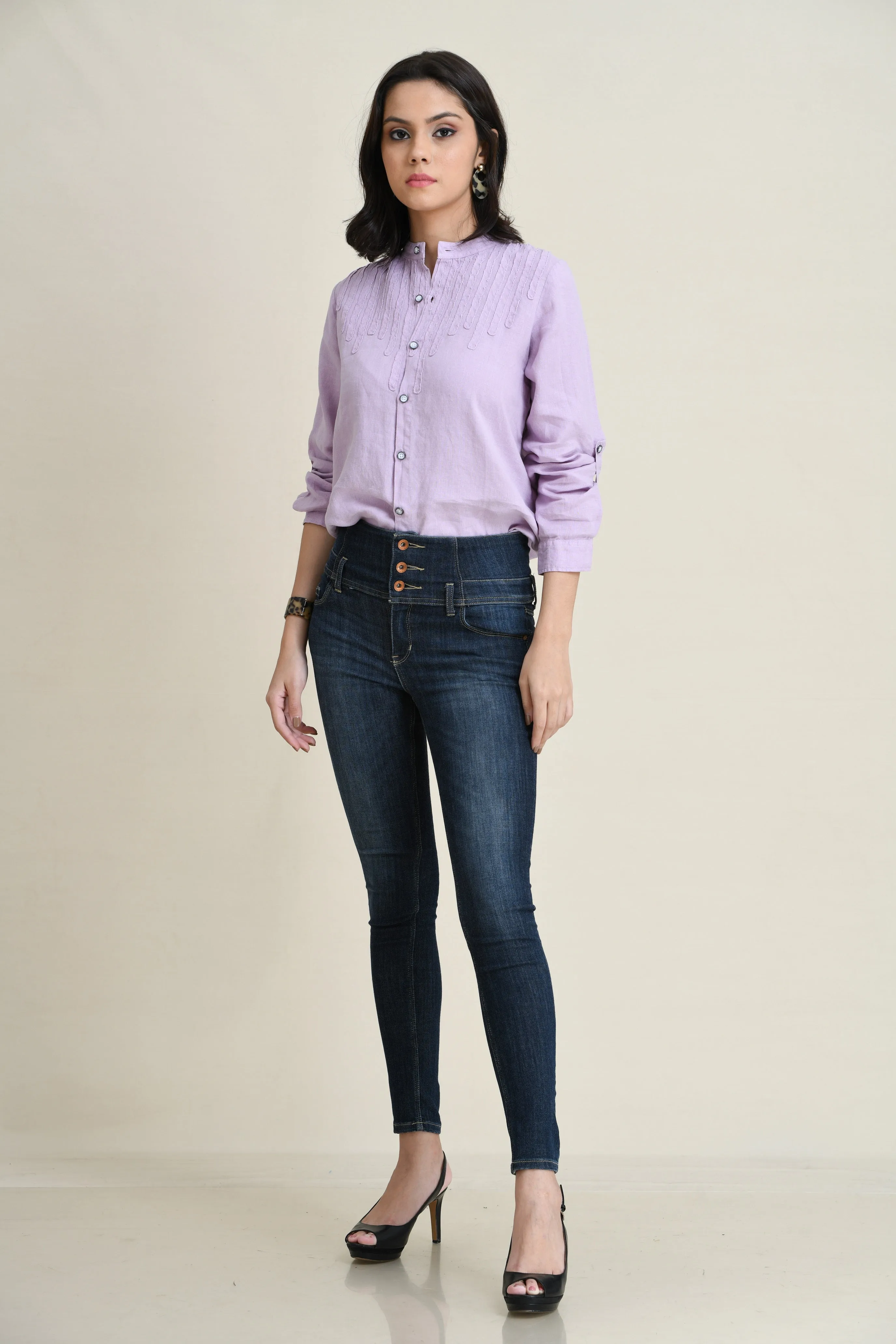 LINEN TIE-FRONT SHIRT WITH DECORATIVE SELF-FABRIC LACE DETAIL