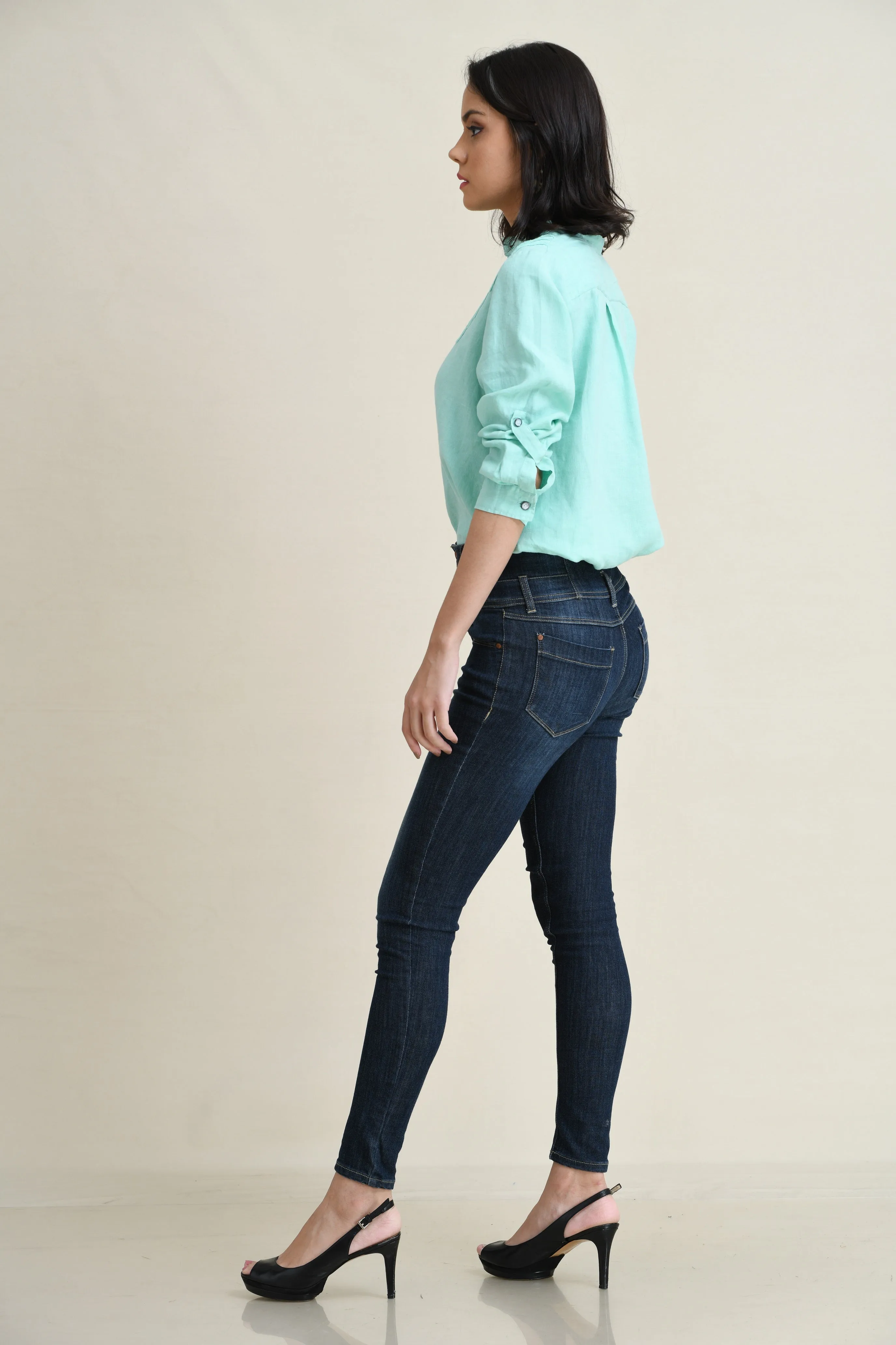 LINEN TIE-FRONT SHIRT WITH DECORATIVE SELF-FABRIC LACE DETAIL