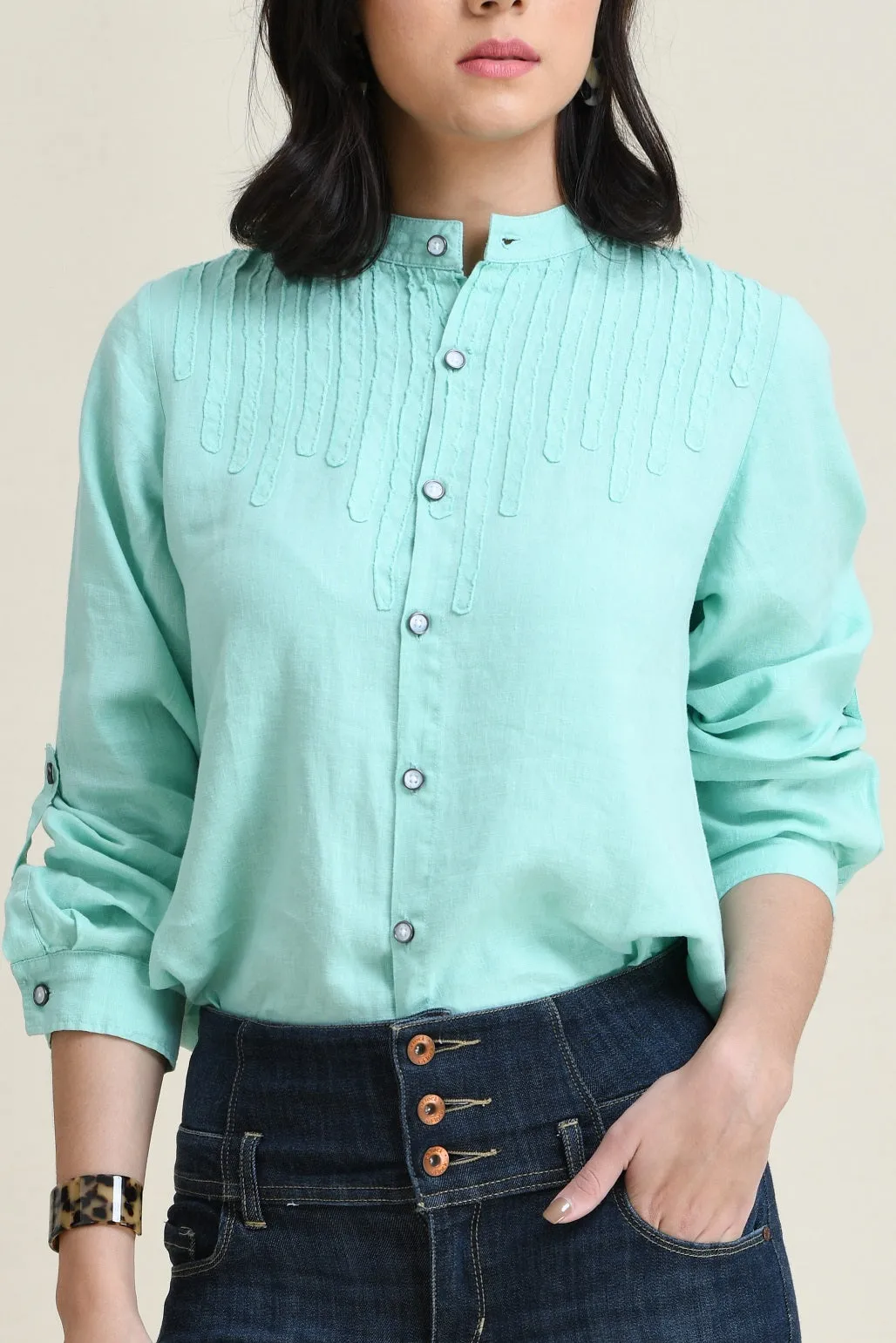 LINEN TIE-FRONT SHIRT WITH DECORATIVE SELF-FABRIC LACE DETAIL