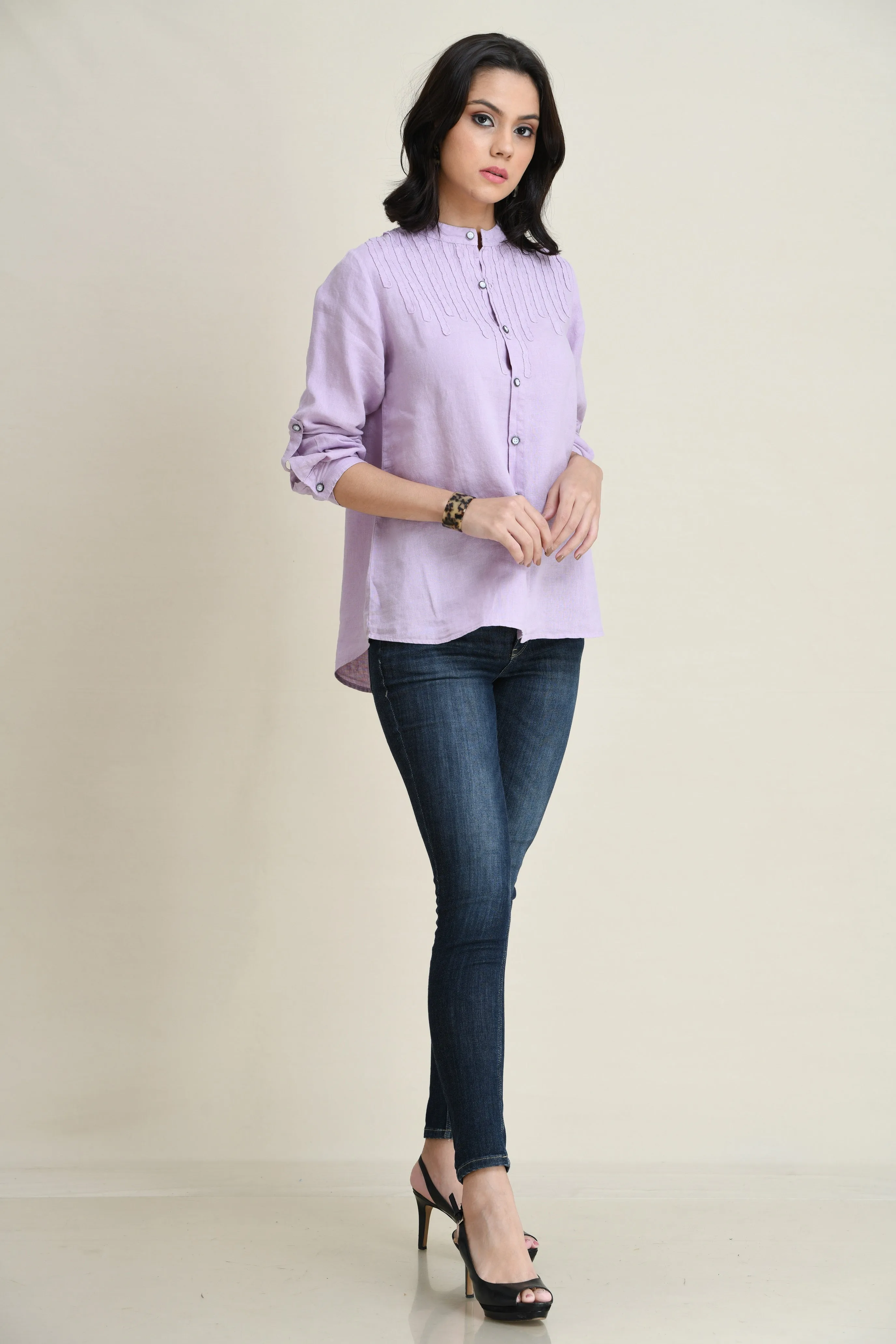 LINEN TIE-FRONT SHIRT WITH DECORATIVE SELF-FABRIC LACE DETAIL
