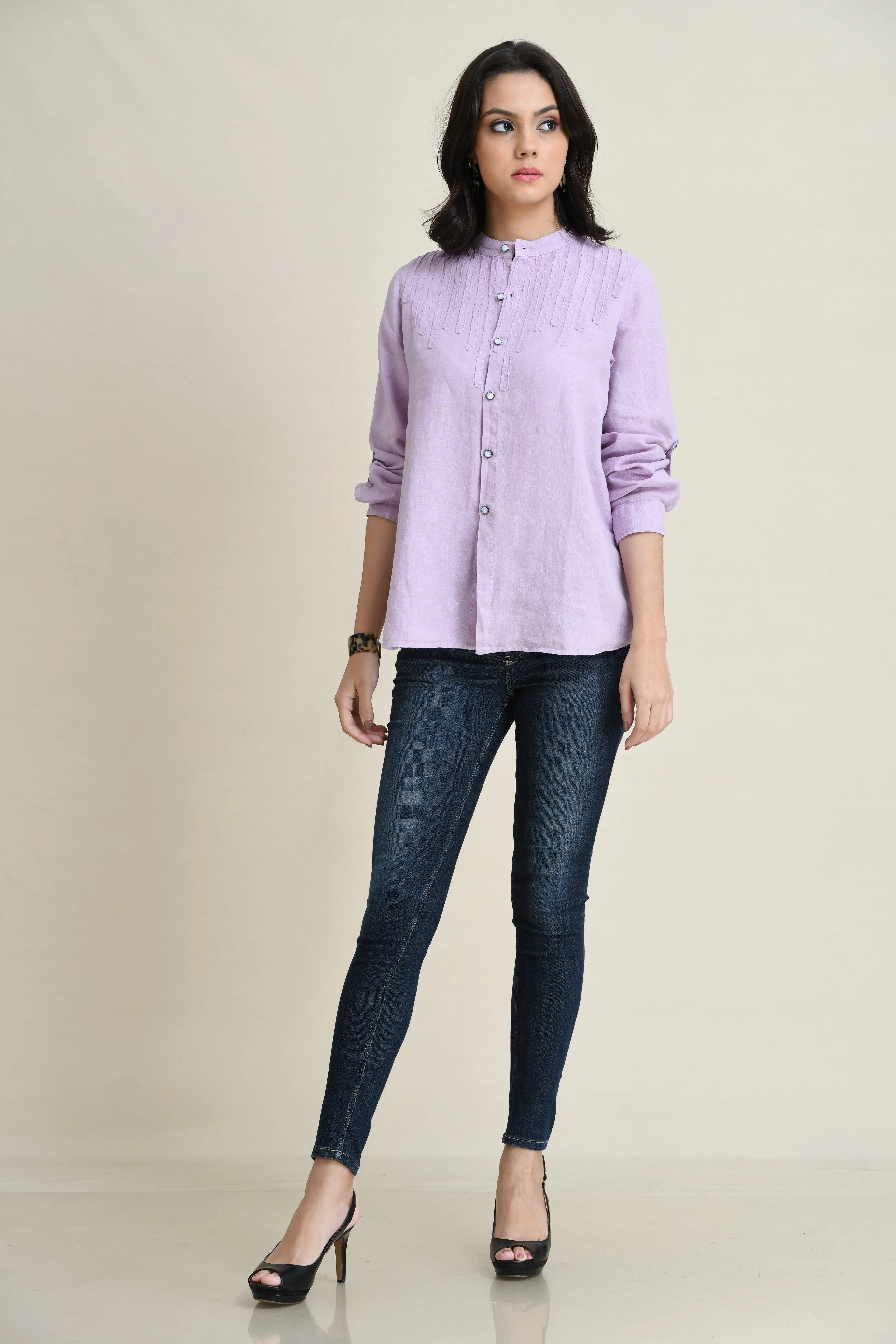 LINEN TIE-FRONT SHIRT WITH DECORATIVE SELF-FABRIC LACE DETAIL