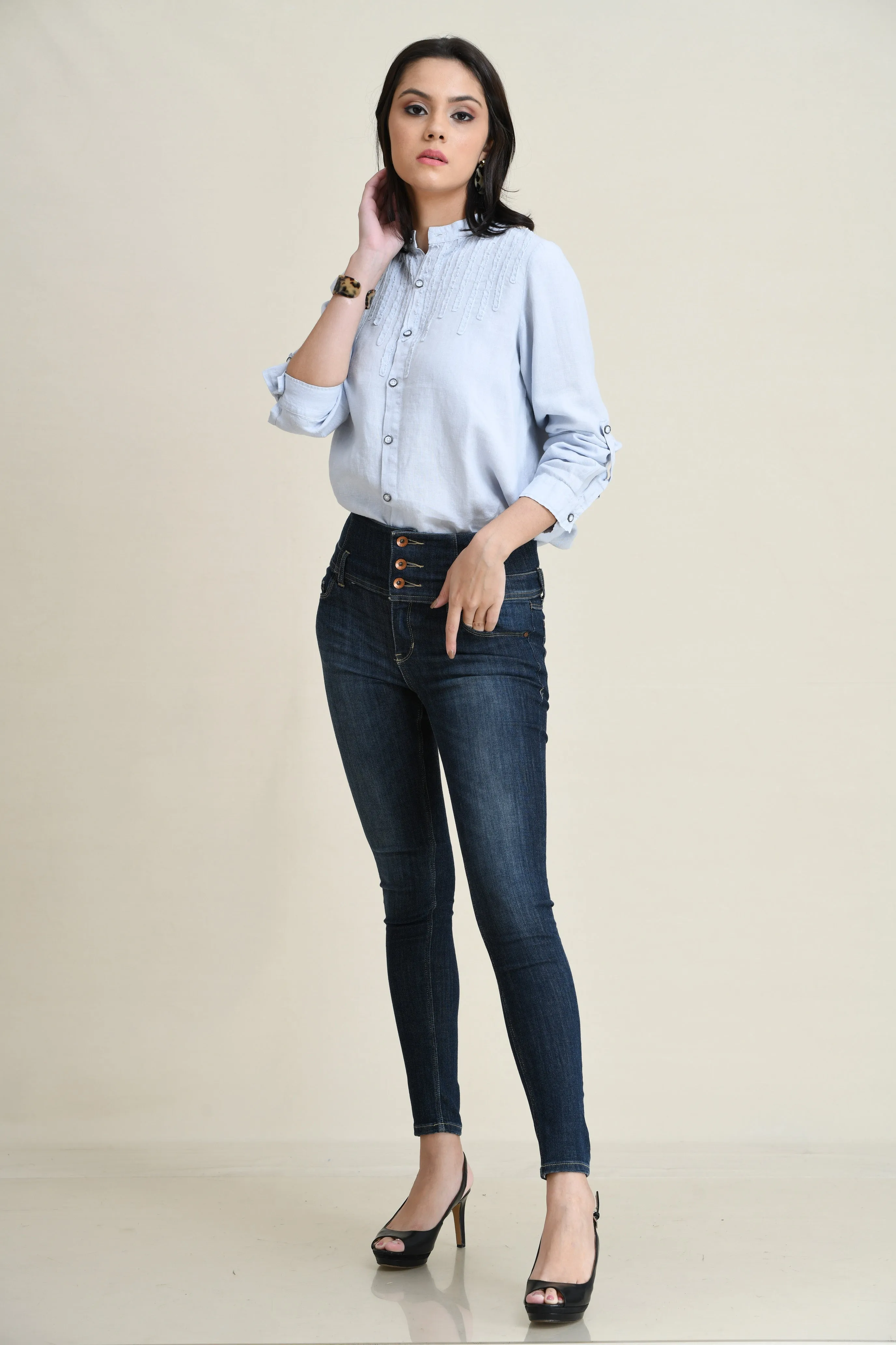 LINEN TIE-FRONT SHIRT WITH DECORATIVE SELF-FABRIC LACE DETAIL