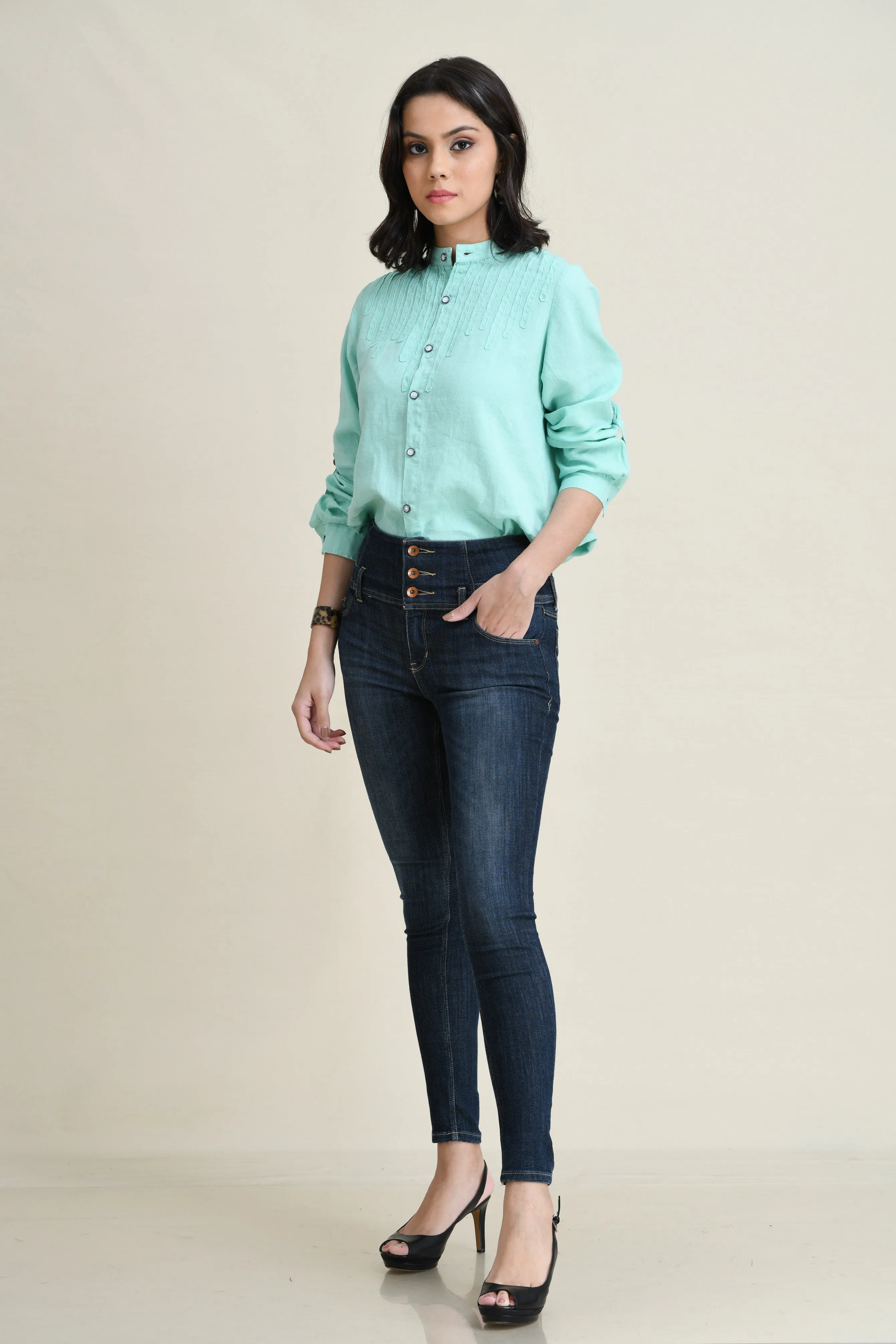 LINEN TIE-FRONT SHIRT WITH DECORATIVE SELF-FABRIC LACE DETAIL