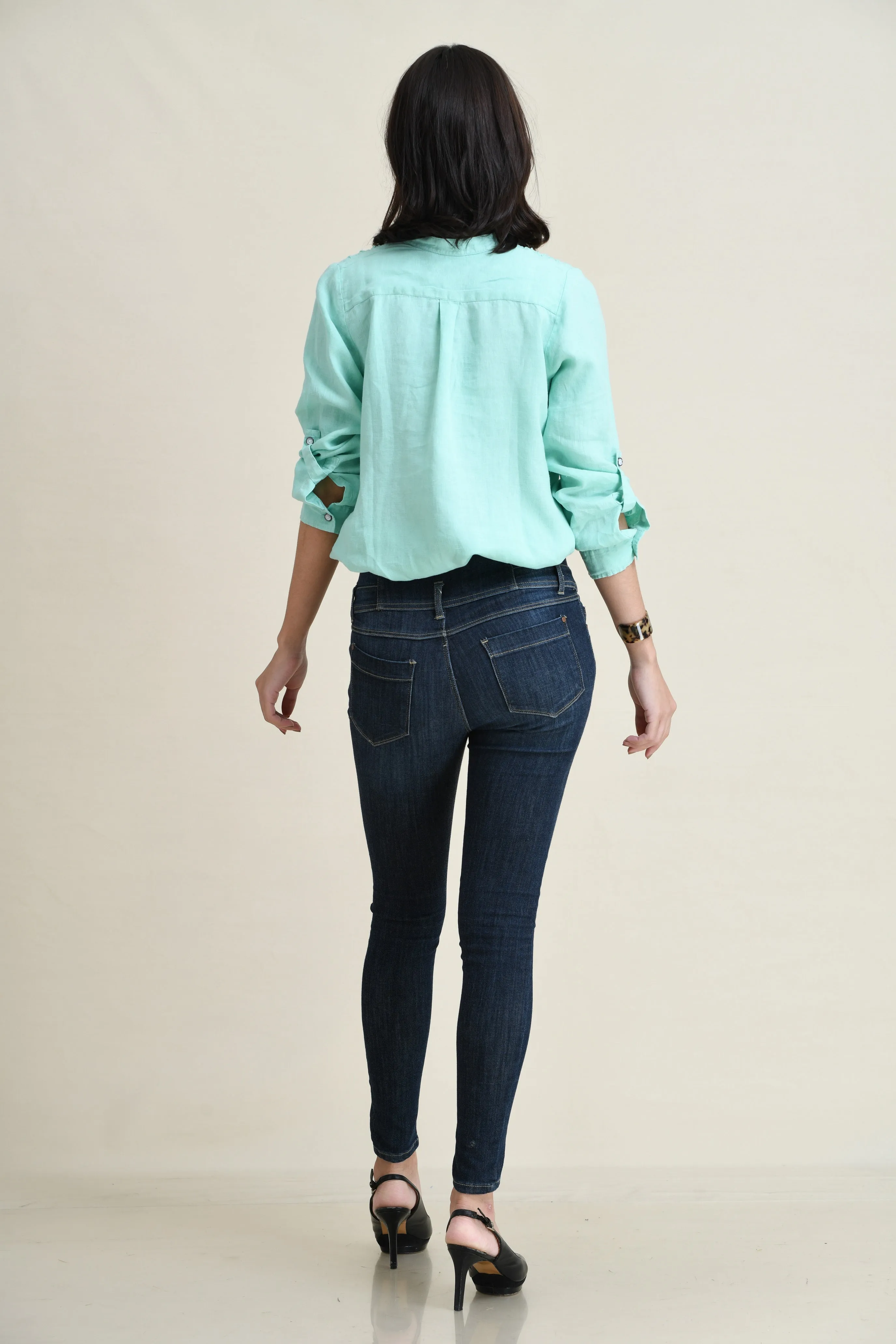 LINEN TIE-FRONT SHIRT WITH DECORATIVE SELF-FABRIC LACE DETAIL
