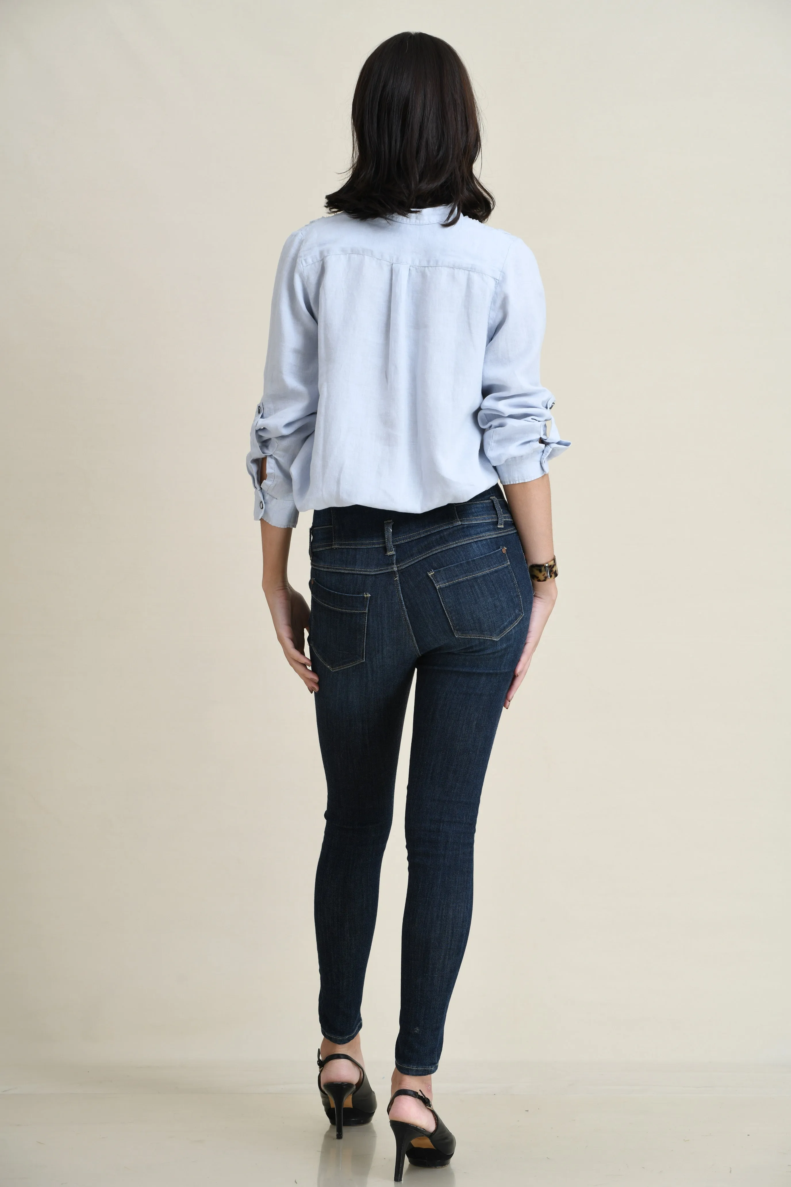 LINEN TIE-FRONT SHIRT WITH DECORATIVE SELF-FABRIC LACE DETAIL