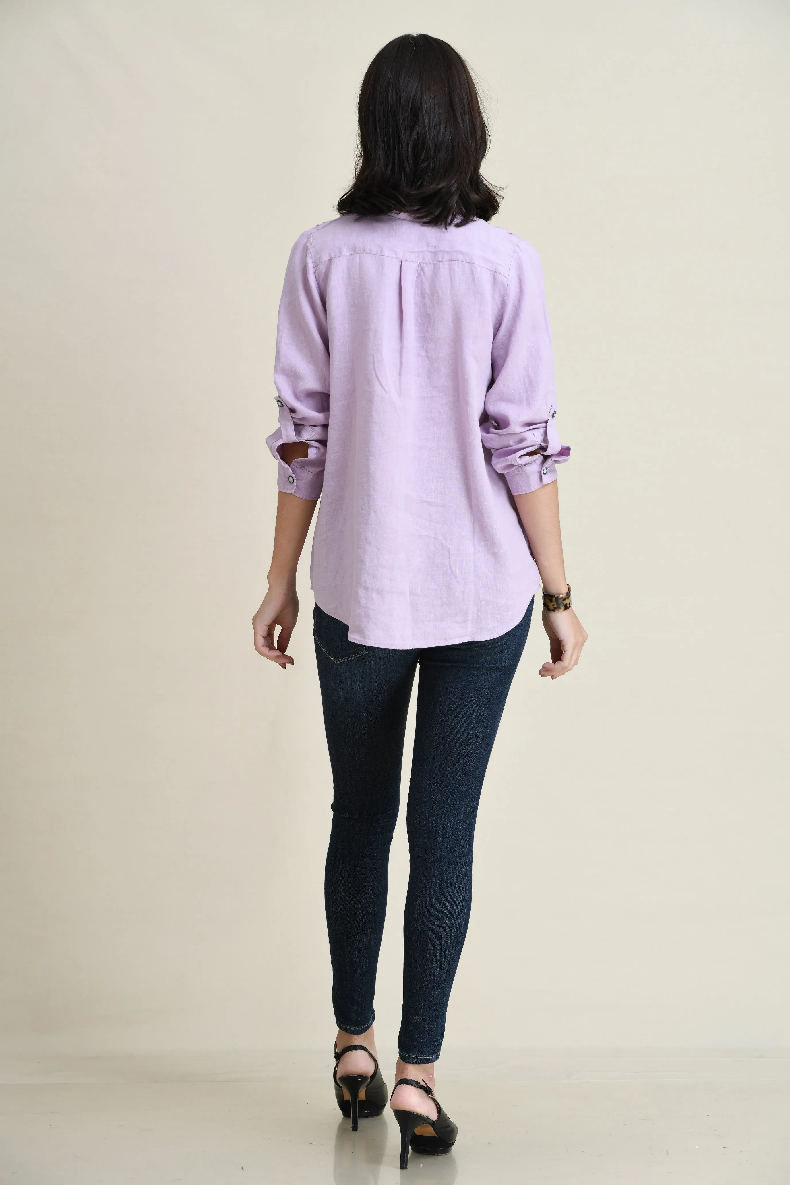LINEN TIE-FRONT SHIRT WITH DECORATIVE SELF-FABRIC LACE DETAIL