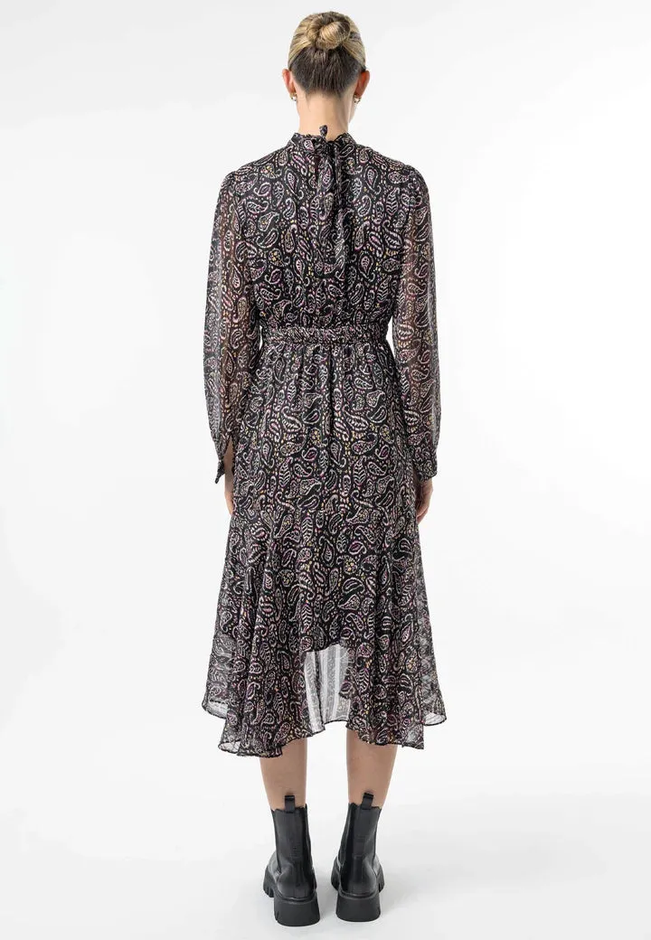 Long Sleeve Chiffon Midi Dress - Paisley Print