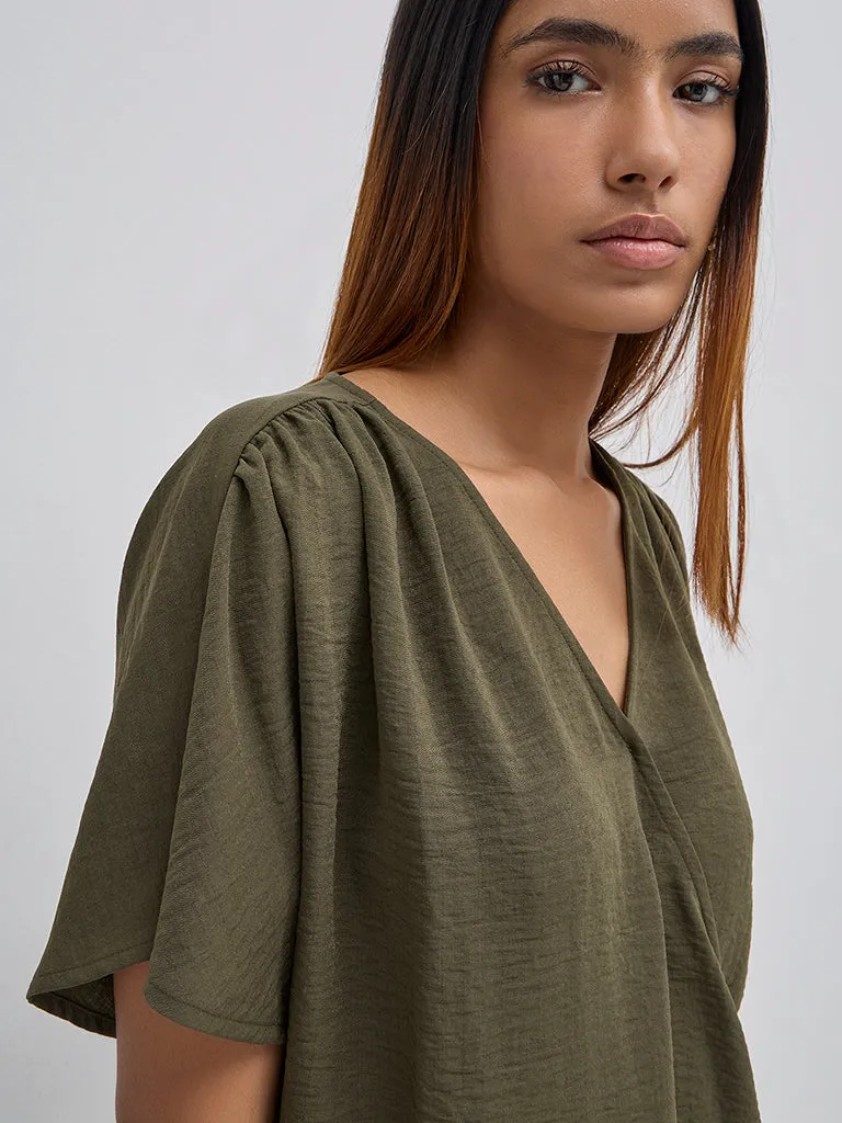 LOV Olive Crinkled Wrap-Style Blouse