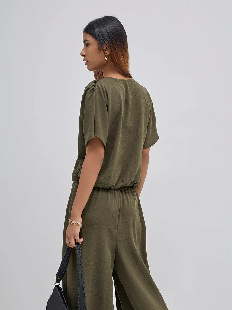 LOV Olive Crinkled Wrap-Style Blouse