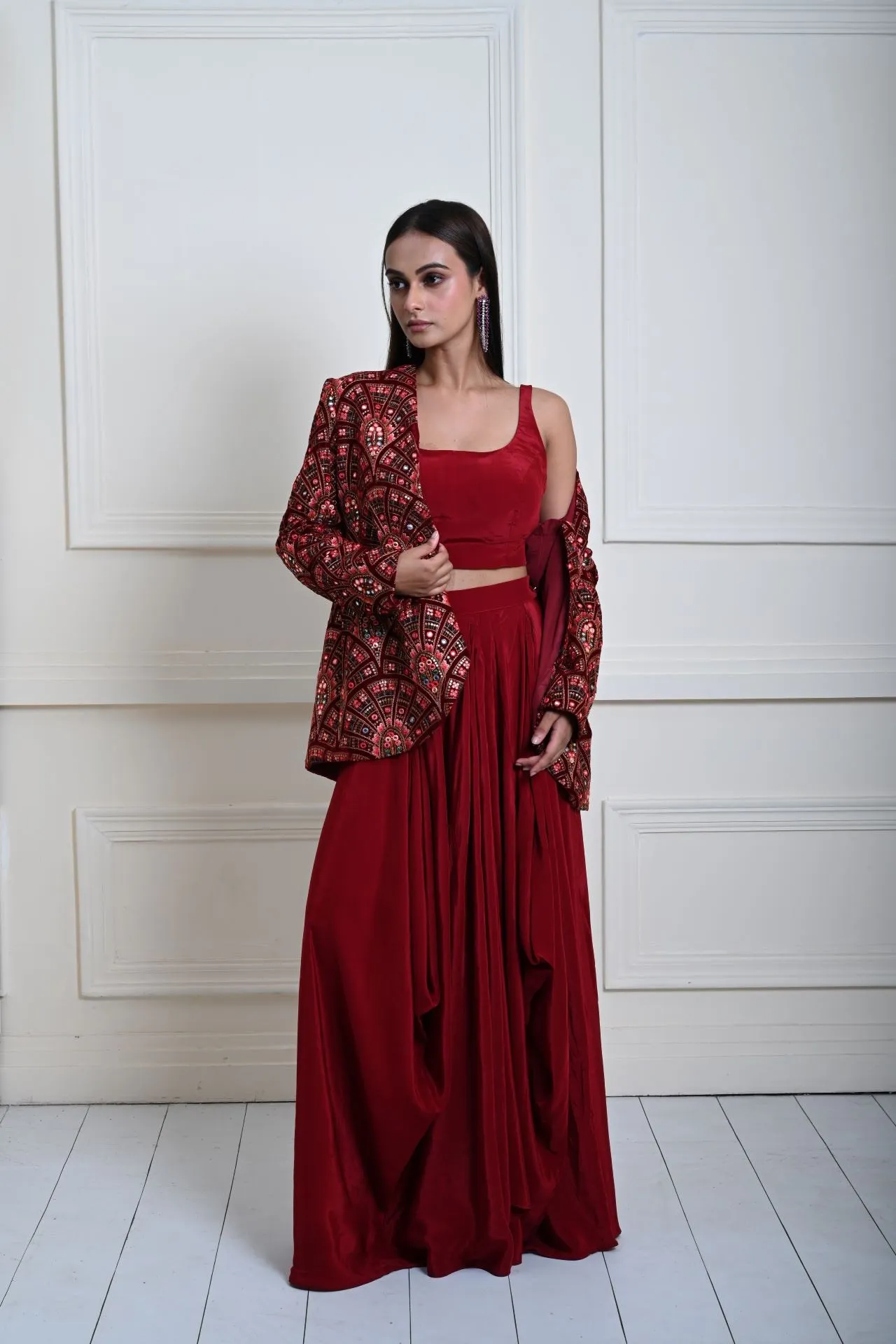 Maroon Velvet Embroidered Jacket with Drape Skirt