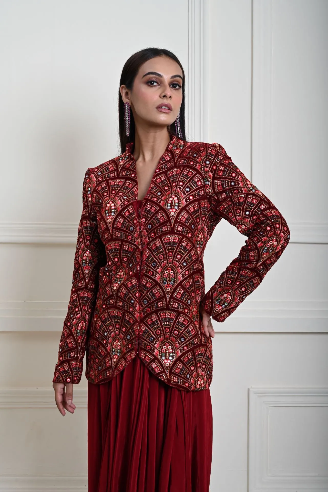 Maroon Velvet Embroidered Jacket with Drape Skirt