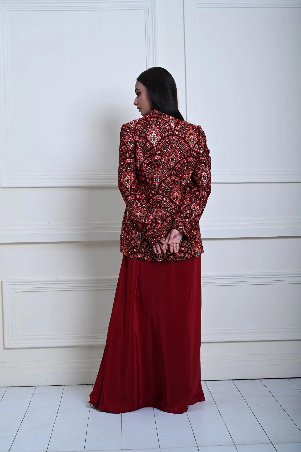 Maroon Velvet Embroidered Jacket with Drape Skirt