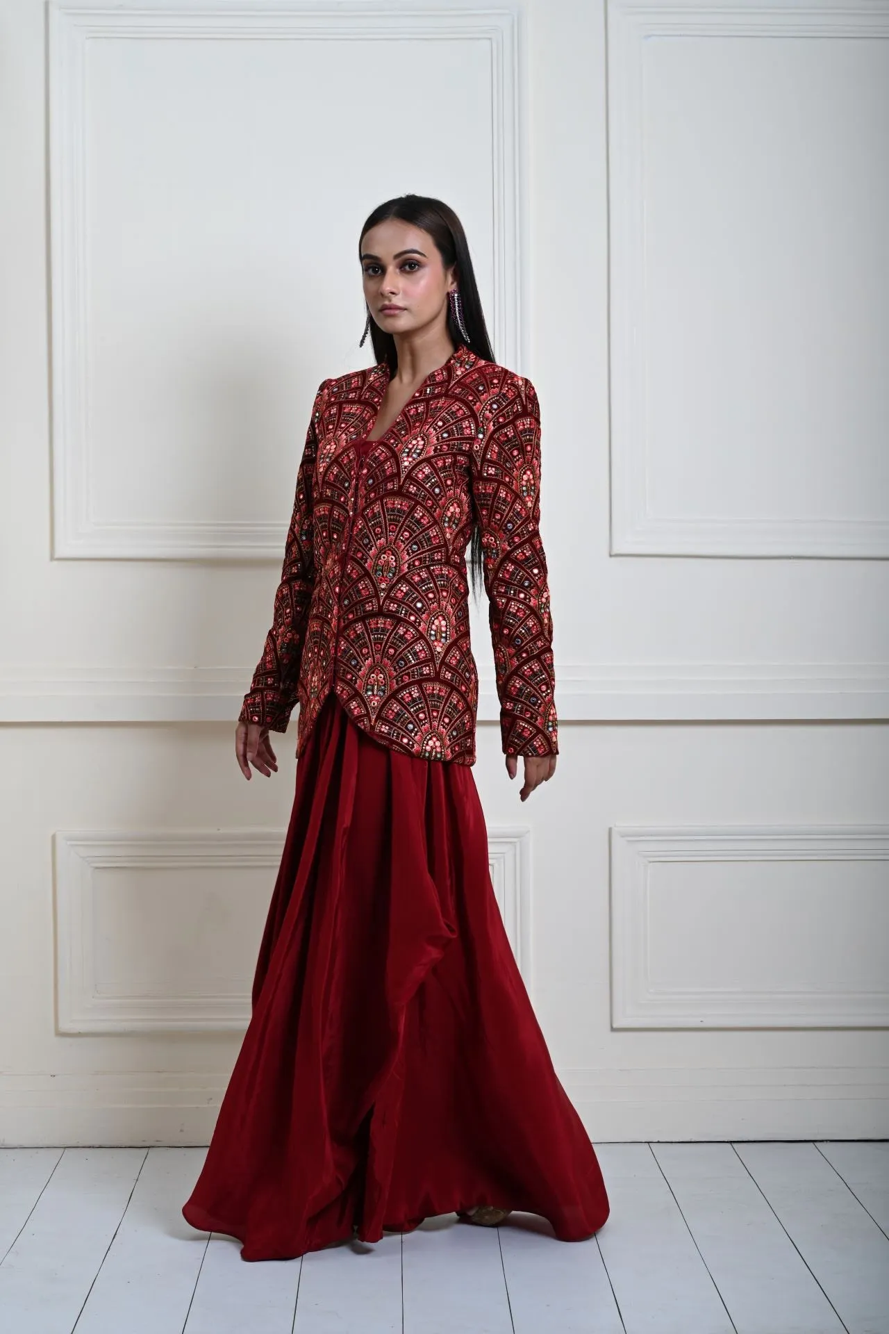 Maroon Velvet Embroidered Jacket with Drape Skirt