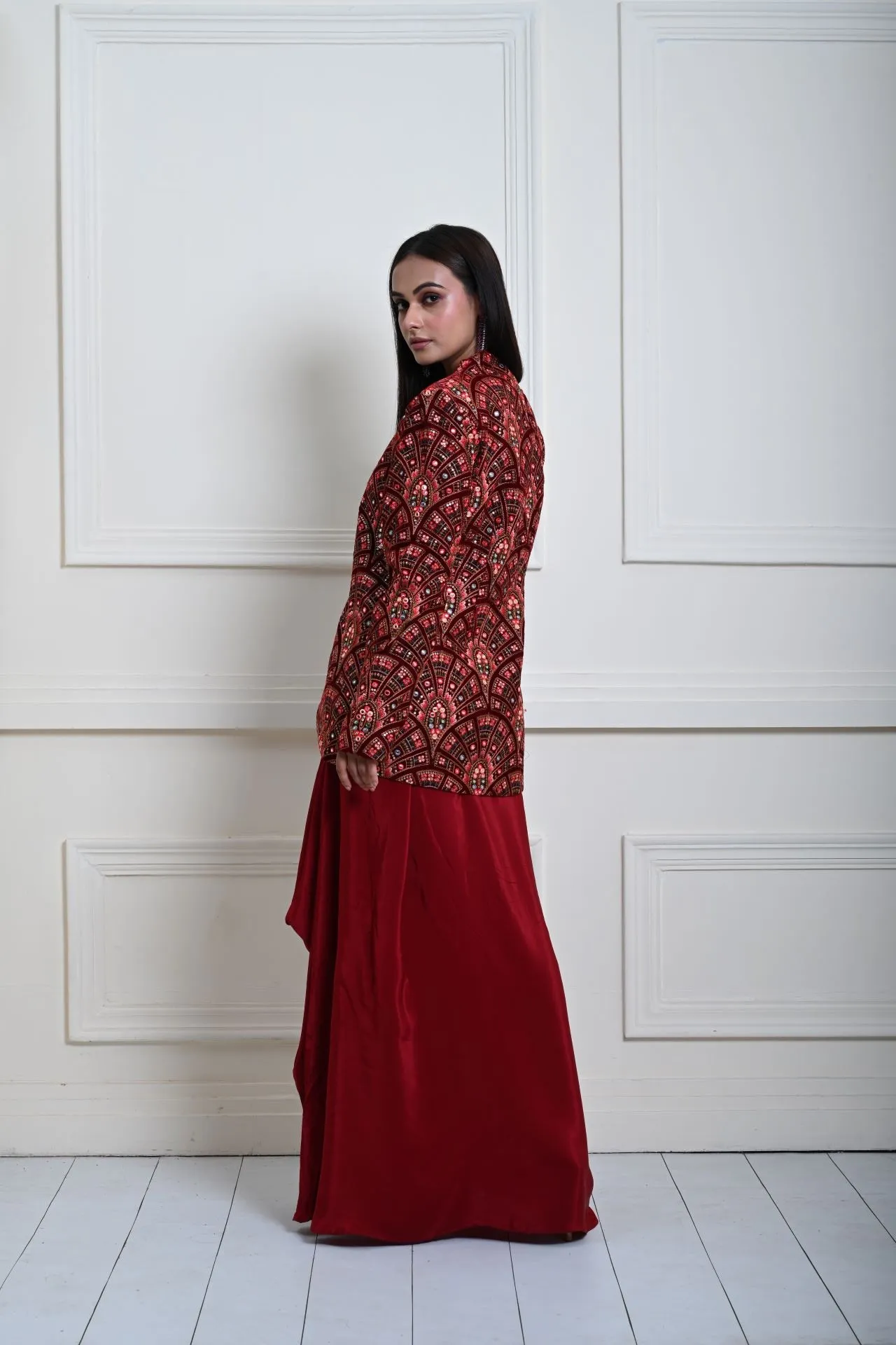 Maroon Velvet Embroidered Jacket with Drape Skirt