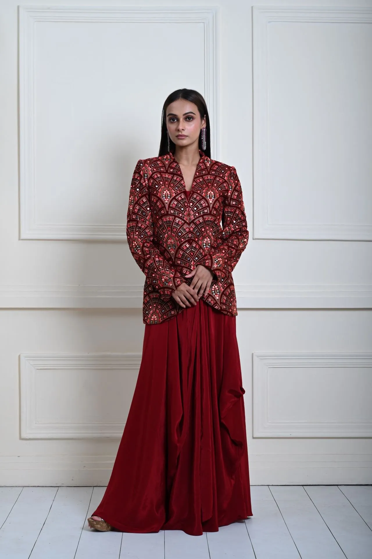 Maroon Velvet Embroidered Jacket with Drape Skirt