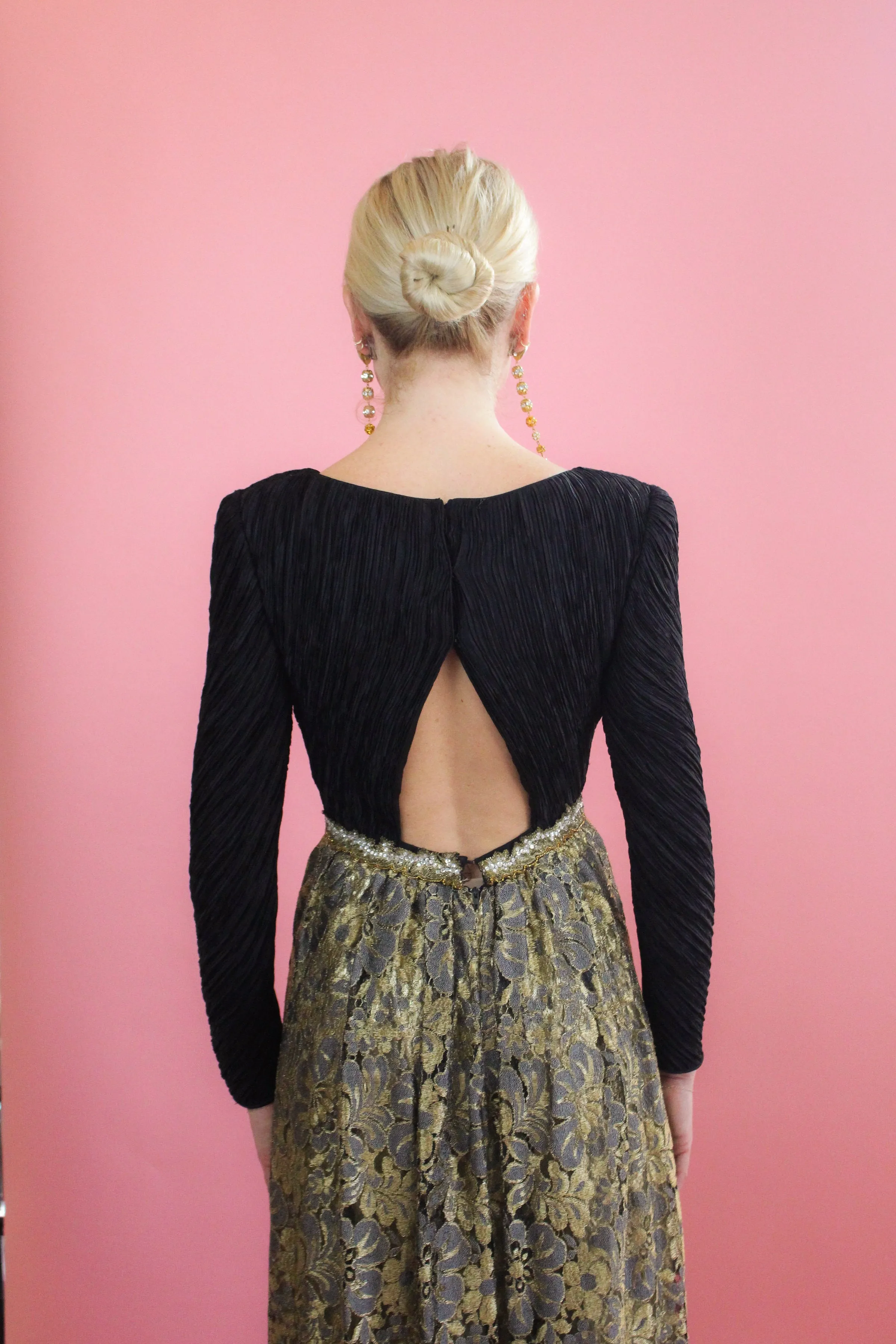 Mary McFadden Gold Lace, Open Back, Fortune Pleated Dress