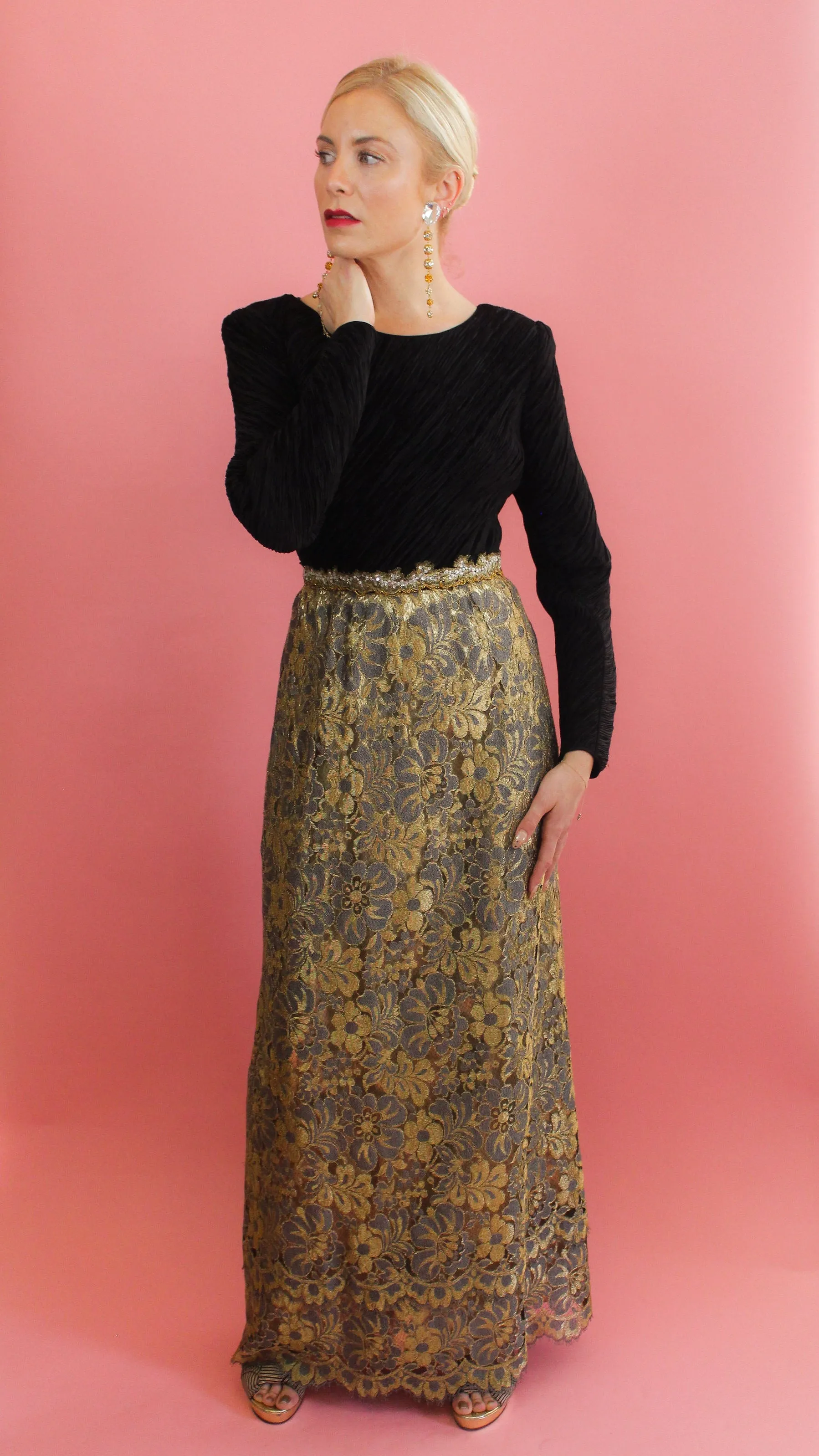 Mary McFadden Gold Lace, Open Back, Fortune Pleated Dress