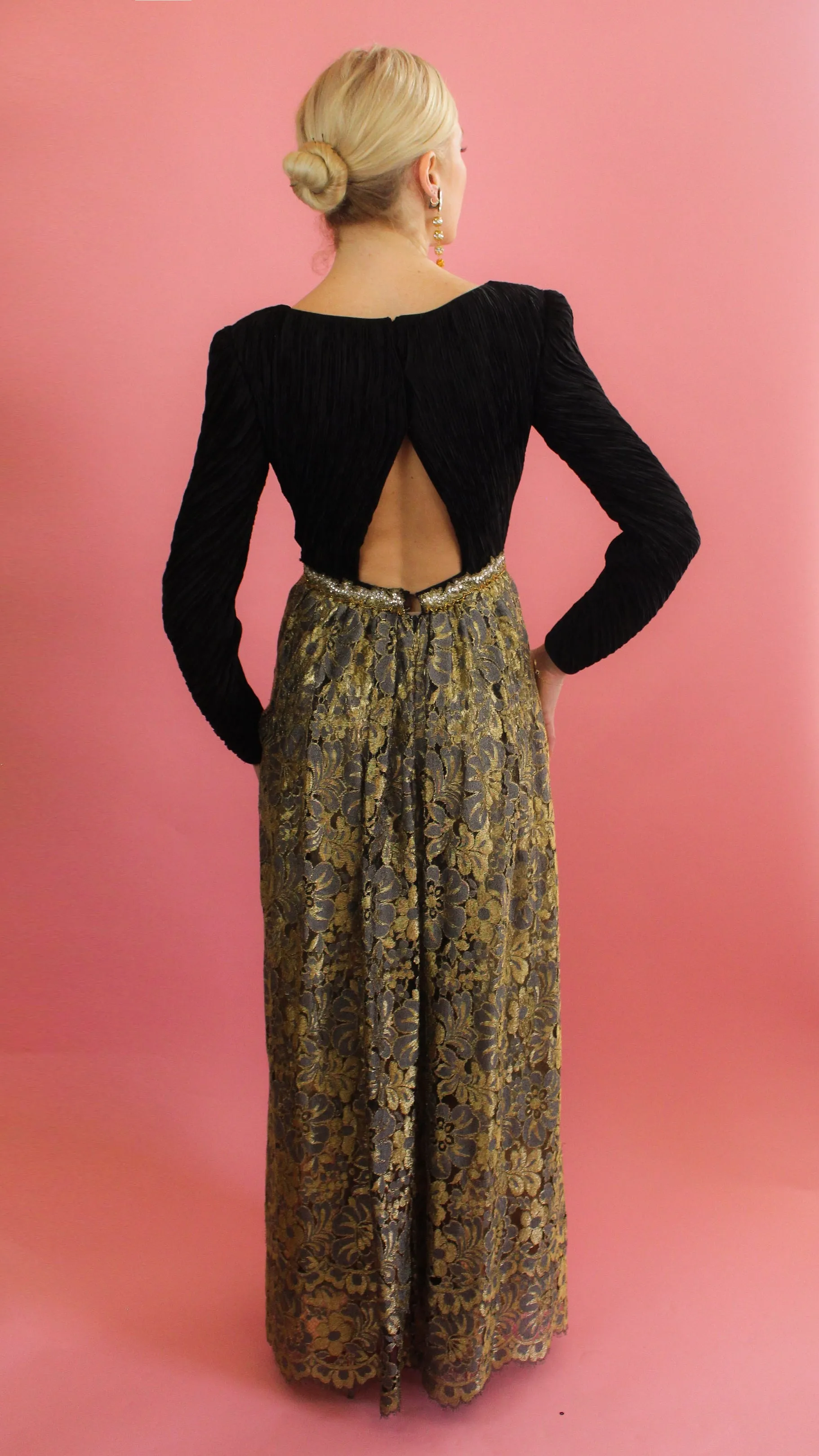 Mary McFadden Gold Lace, Open Back, Fortune Pleated Dress
